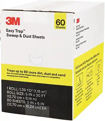 3M Easy Trap™ Sweep & Dust Sheets
60 Sheets
Traps up to 8X more dirt, dust and sand than conventional flat fringed cotton dust mops or a competitive brand.
1 ROLL: 1.39 YD² (1.16 m²)
ROLL SIZE: 5 IN x 30 FT (12.70 cm x 914 cm)
60 SHEETS: 5 IN x 6 IN (12.70 cm x 15.24 cm) EA