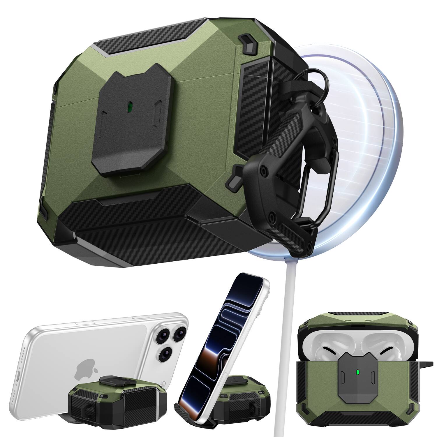 Front. UUCOVER - Safety Lock Case for Apple Airpods Pro 2nd Gen (2022) Shockproof TPU+PC Cover Phone Stand Function with Carabiner - Green.