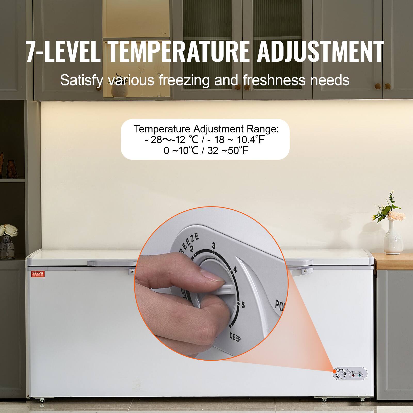 7-LEVEL TEMPERATURE ADJUSTMENT  
Satisfy various freezing and freshness needs  

Temperature Adjustment Range:  
-28~12°C / -18~10.4°F  
0~10°C / 32~50°F  

FREEZE 2 3 4 5 PO DEEP