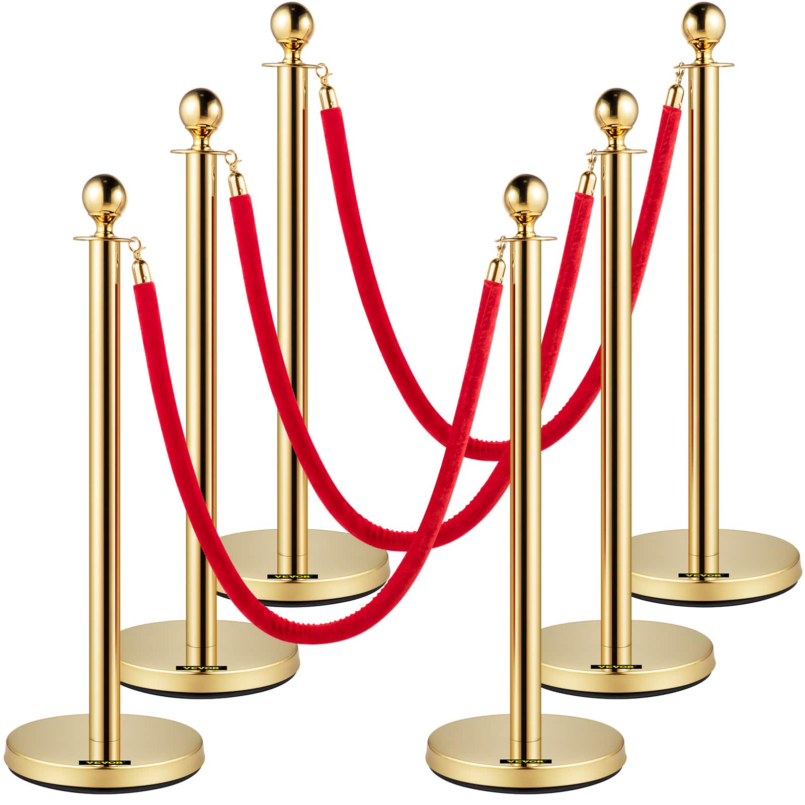 VEVOR - Velvet Ropes and Posts, 5 ft/1.5 m Red Rope, Stainless Steel Stanchion with Ball Top, Red Crowd Control Barrier - Gold