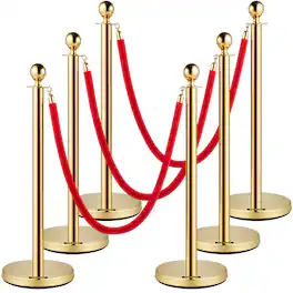 VEVOR - Velvet Ropes and Posts, 5 ft/1.5 m Red Rope, Stainless Steel Stanchion with Ball Top, Red Crowd Control Barrier - Gold