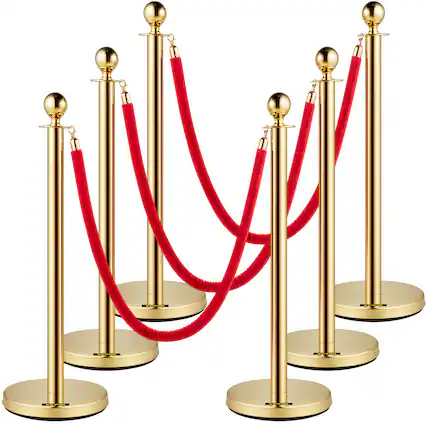 Front. VEVOR - Velvet Ropes and Posts, 5 ft/1.5 m Red Rope, Stainless Steel Gold Stanchion with Ball Top, Red Crowd Control Barrier - Gold.
