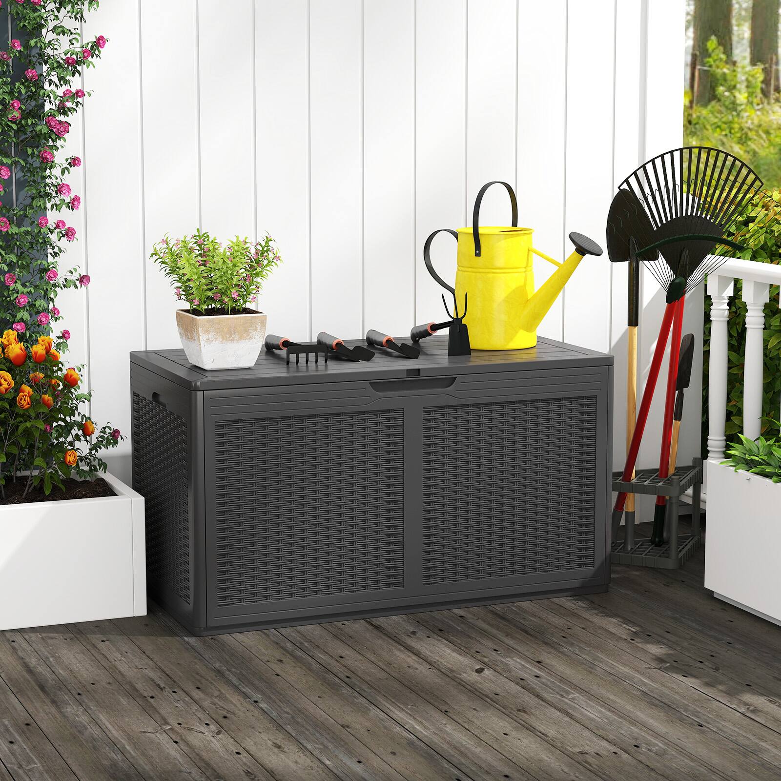 Alt View 9. Costway - Costway 100 Gal Outdoor Storage Box Lockable Patio Bin & Bench for Gardening Tools - Gray.