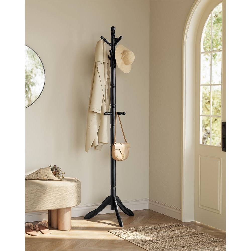 Angle. SlickBlue - Freestanding Wooden Coat Rack with 10 Hooks and Adjustable Height - Black.