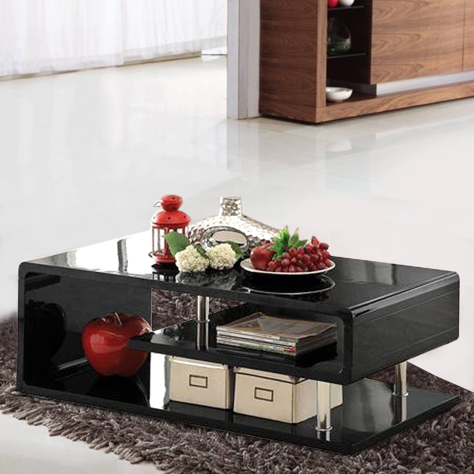 Alt View 5. Manhattan Lane - Wooden Coffee Table with Curling Shelf and Metal Poles, Black - Black.