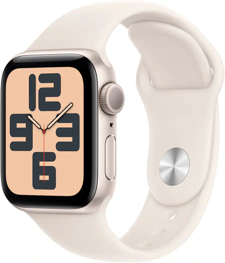 Angle. Apple - Apple Watch SE 2nd Generation (GPS) 40mm Aluminum Case with Starlight Sport Band - S/M - Starlight.