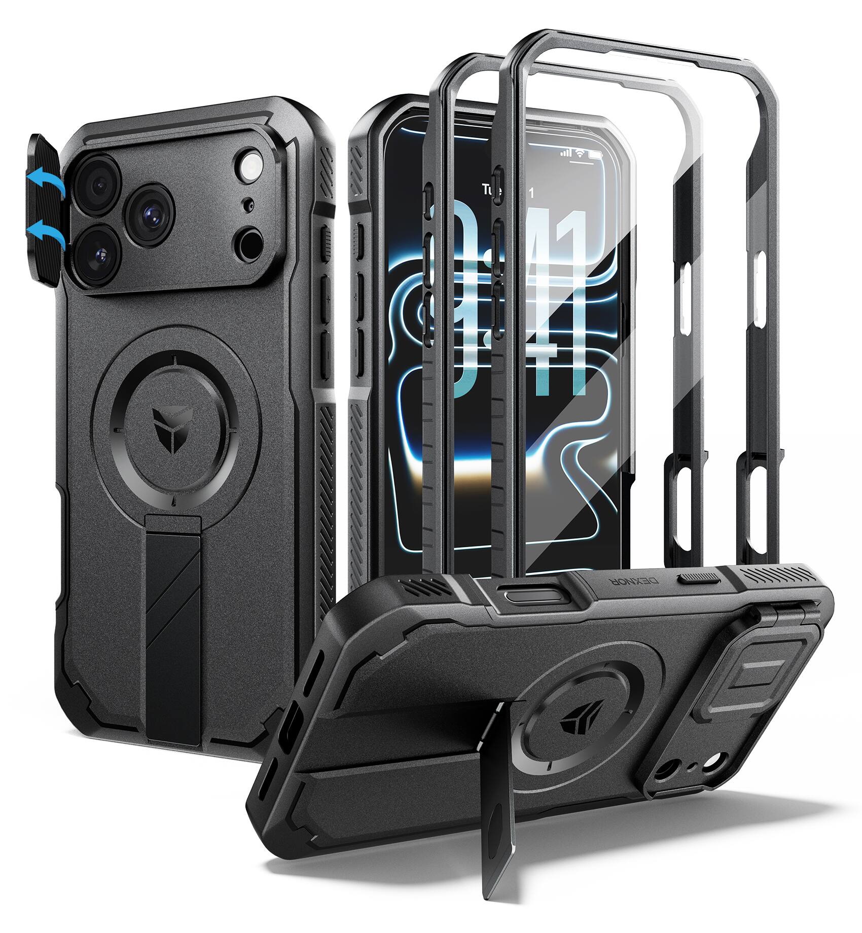 Angle. Dexnor - Rugged Case for iPhone 17 Pro Max /18 Pro Max with Camera Cover & Kickstand & Screen Protector, Compatible with MagSafe - Black.