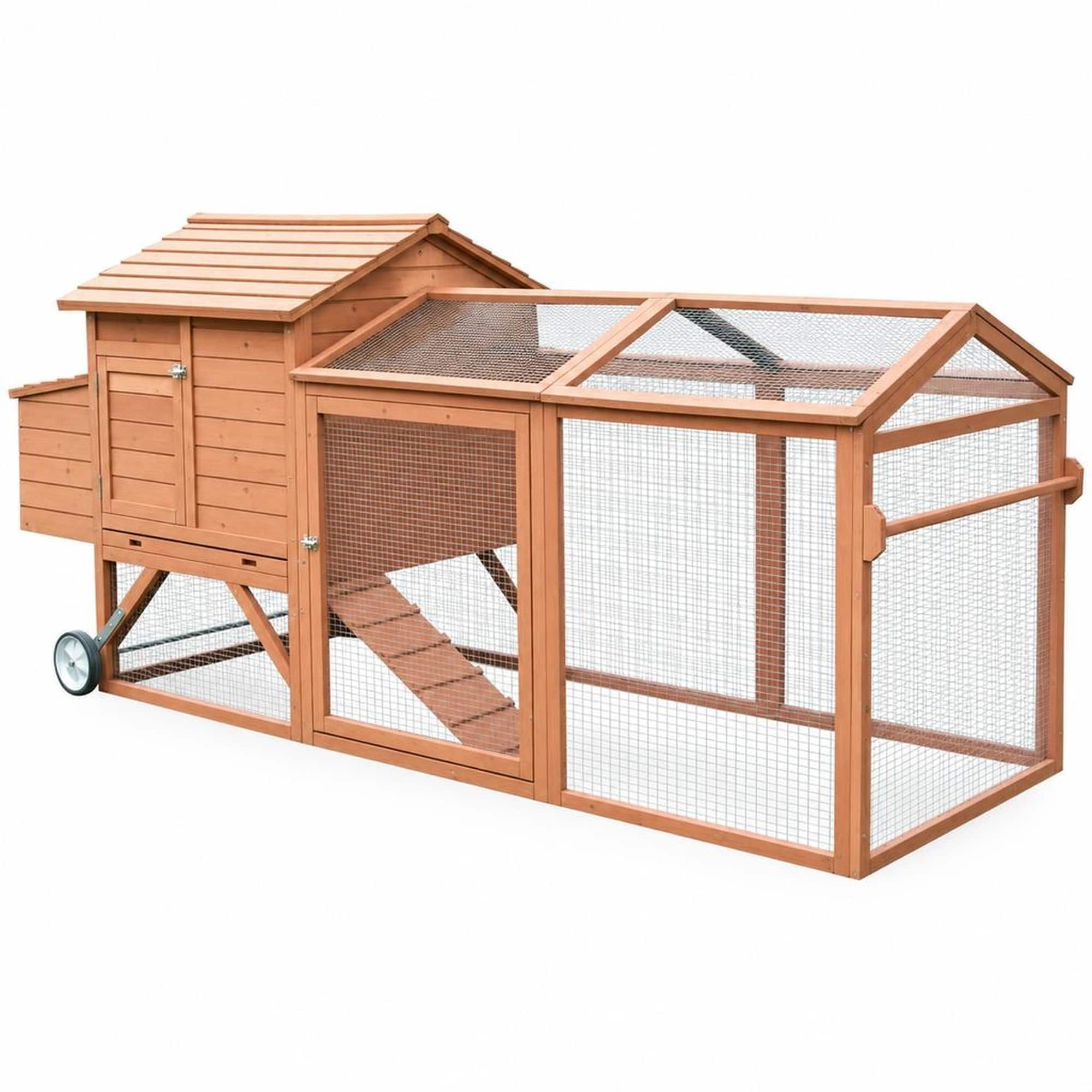 RYHNUYNE - Wooden Chicken Coop, Portable Hen House with Wheels, Nesting Box, Outdoor Run, Natural