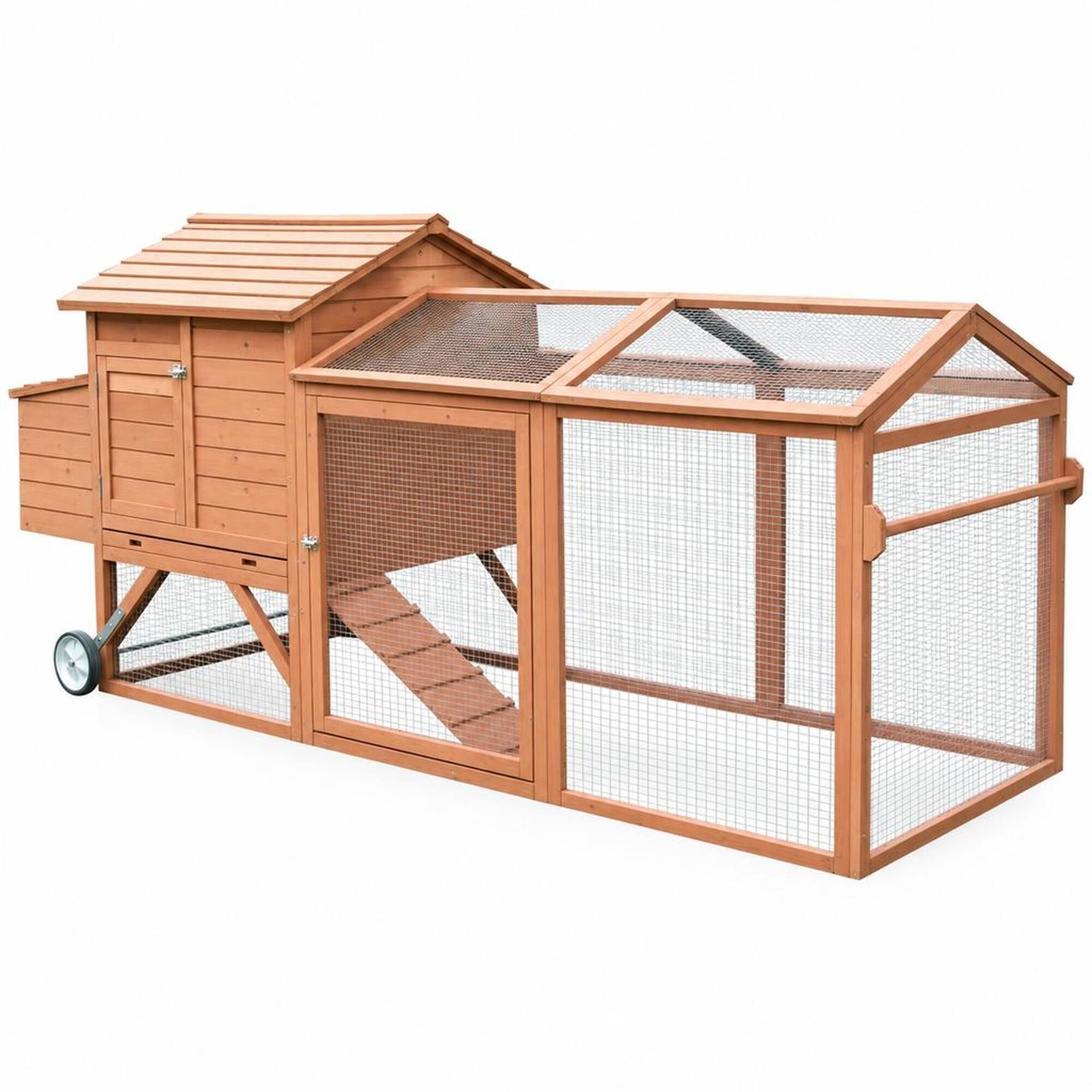 Front. RYHNUYNE - Wooden Chicken Coop, Portable Hen House with Wheels, Nesting Box, Outdoor Run, Natural.