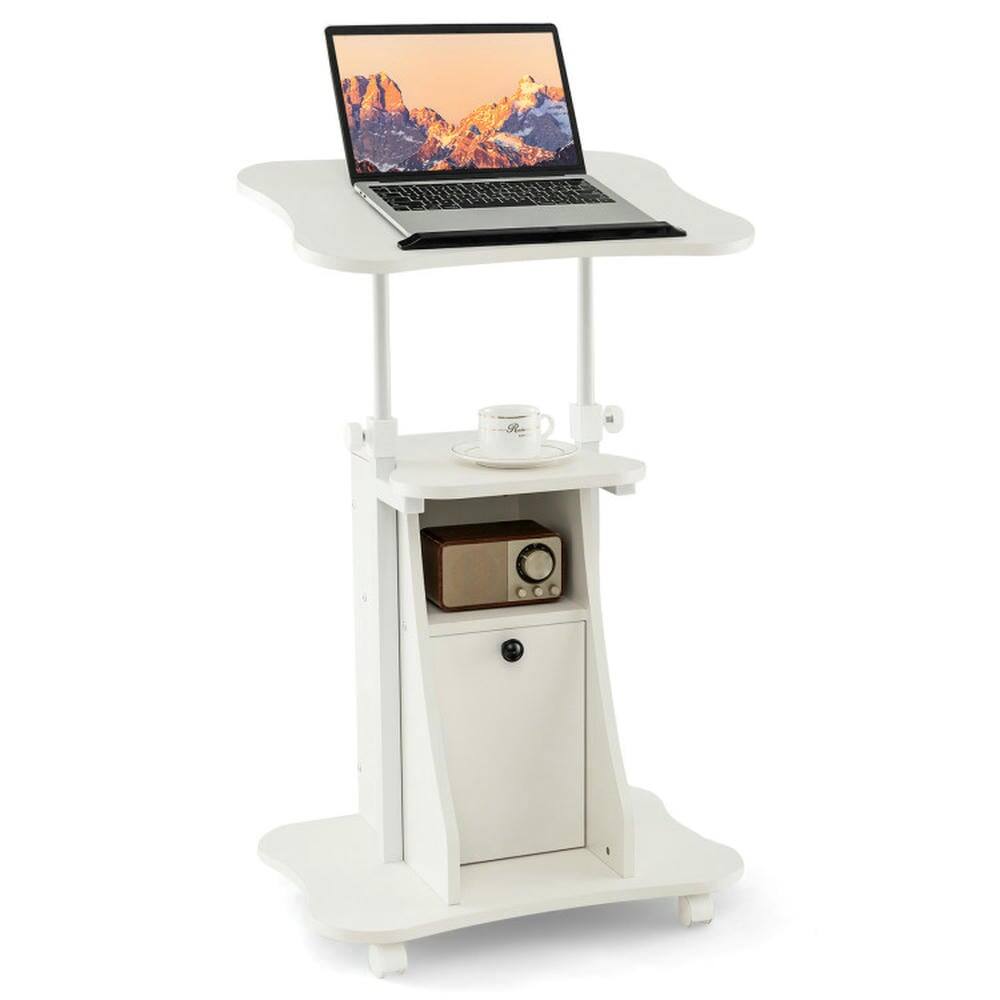 Alt View 7. Pefilos - Adjustable Mobile Standing Desk Cart with Tilt Desktop & Cabinet-White, Office Furniture, Desk - White.