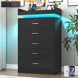 Espafurni - 5 - Drawer Dresser with LED Light & Charging Station - Modern Chest for Bedroom, Living Room, Entryway & Hallway - Black
