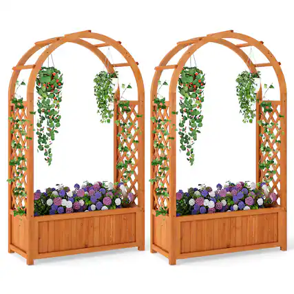 Front. Costway - Costway 2 PCS Raised Garden Bed Wooden Elevated Planter Box with Lattice Trellis & Ached Roof - Natural.