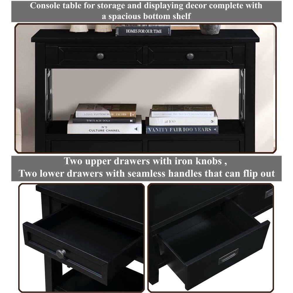 Console table for storage and displaying decor complete with a spacious bottom shelf

Two upper drawers with iron knobs, Two lower drawers with seamless handles that can flip out