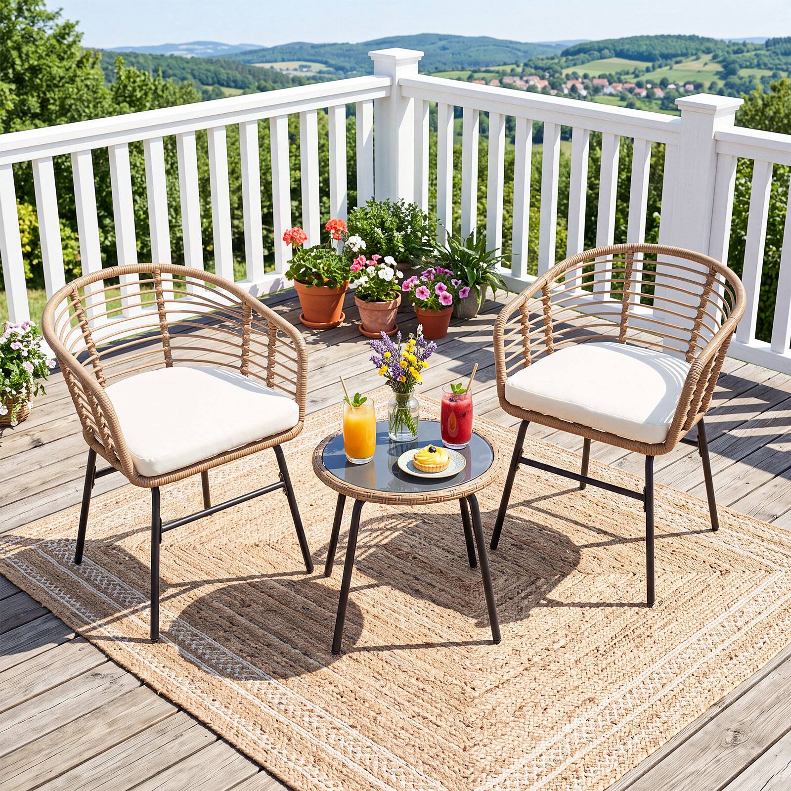 Alt View 3. Costway - Costway 3 Pieces Patio Furniture Set with Tempered Glass Coffee Table and Soft Cushions - Natural, Off White.