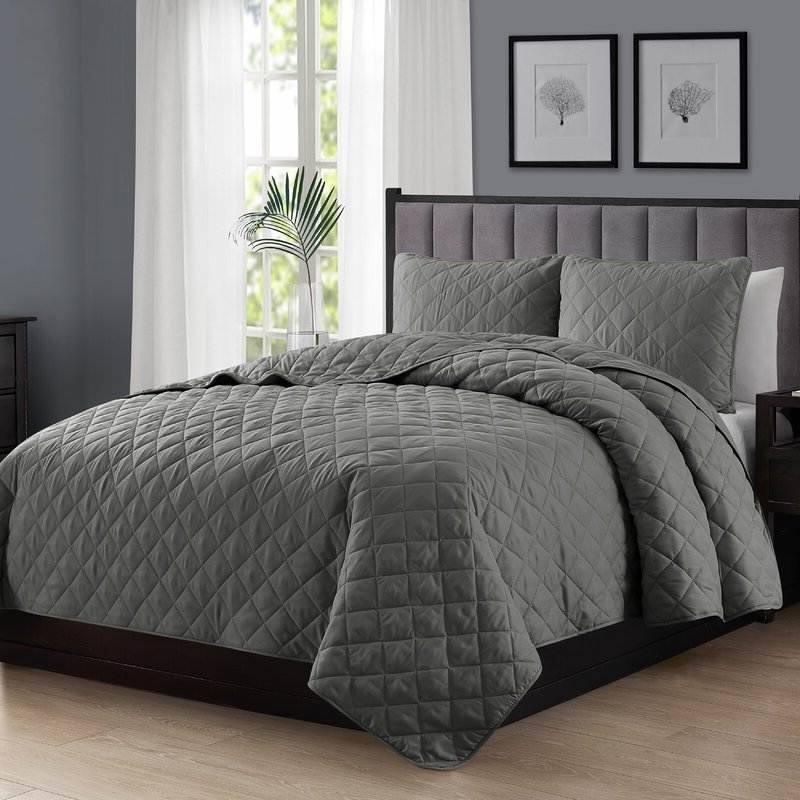 Angle. Hivvago - Twin/Twin XL 2-Piece Dark Grey Polyester Microfiber Diamond Quilt Set - Dark Grey.