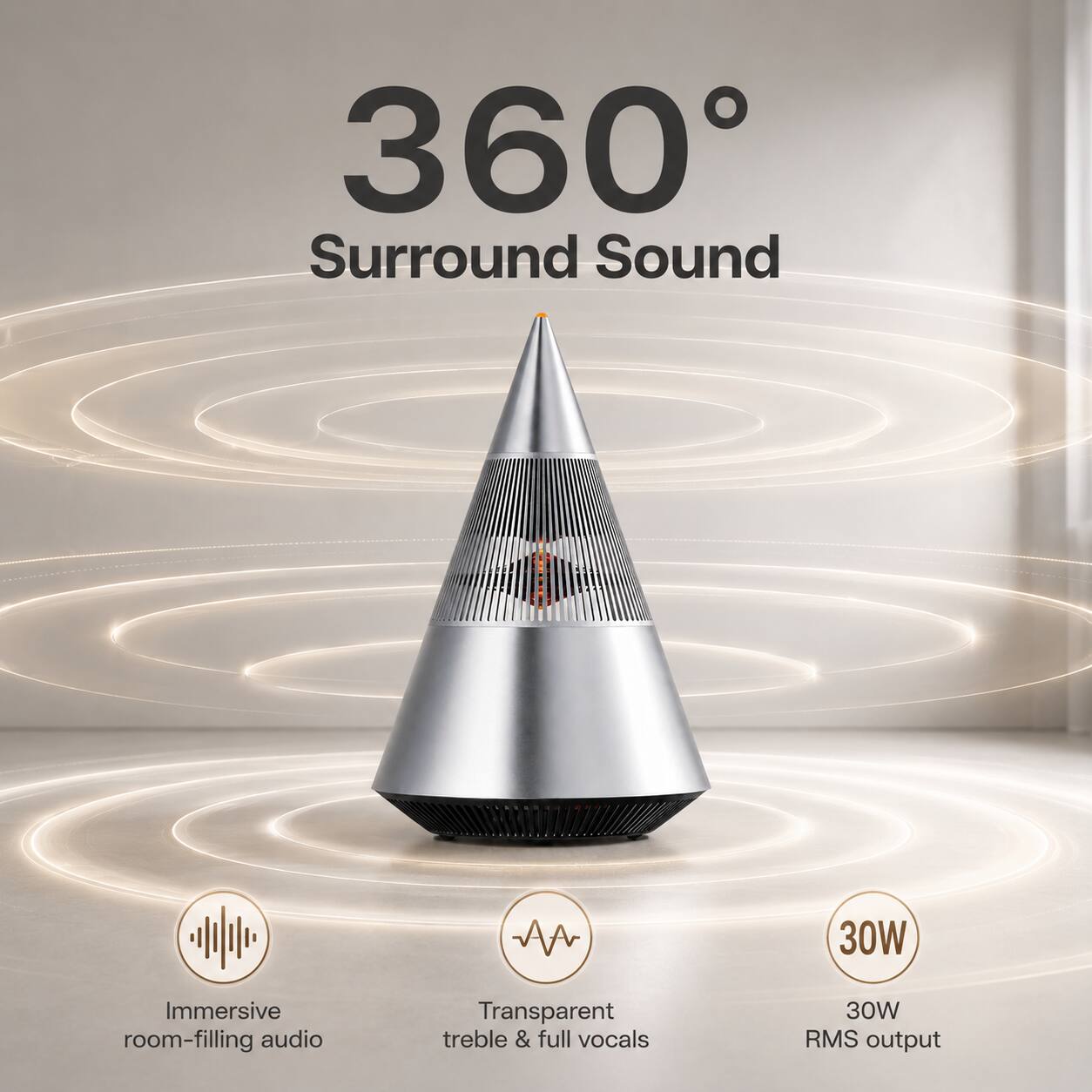 360° Surround Sound  
30W Immersive room-filling audio  
Transparent treble & full vocals  
30W RMS output