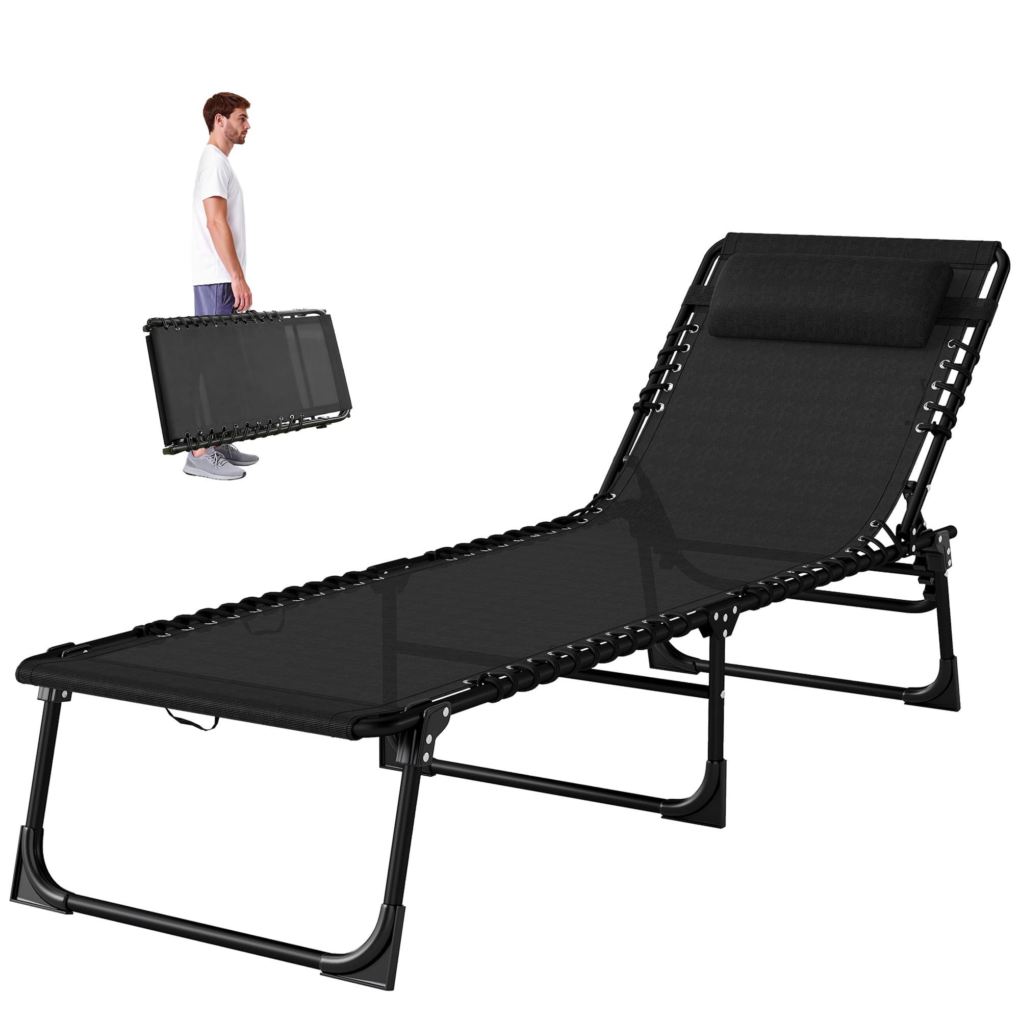 Outsunny - Chaise Lounge Pool Chair with 4-Position Reclining Back, Pillow - Black