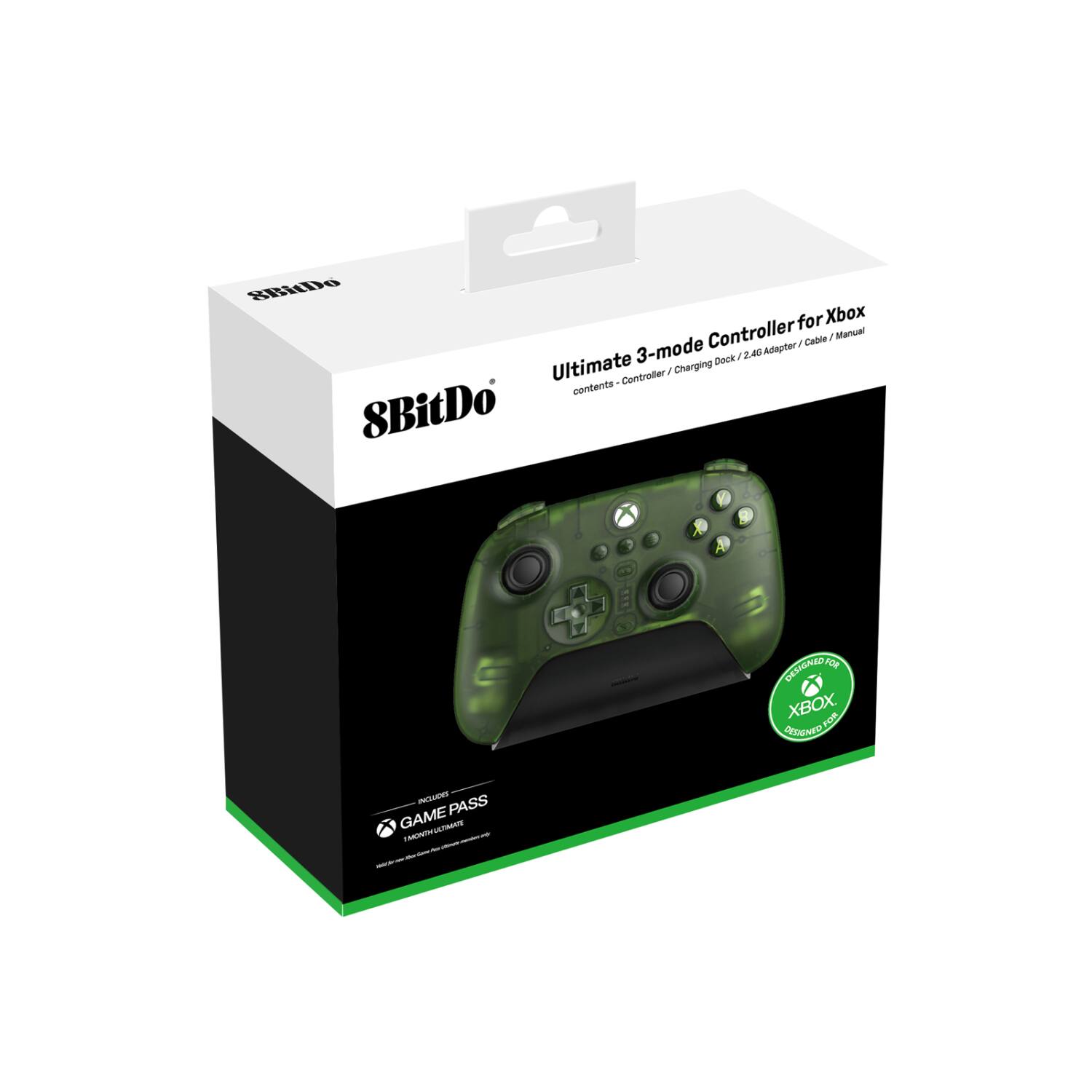 Sure, here is the corrected and grouped text from the image:

---

**8BitDo**

**Ultimate 3-mode Controller for Xbox**

**contents - Controller / Charging Dock / 2.40 Adapter / Cable / Manual**

**INCLUDES GAME PASS**

**1 MONTH GAME PASS ULTIMATE**

**DEVELOPED FOR XBOX**

**DENIEDAC OR XBOX OR DEDENTO - PASS GAME**

---

This text is organized to reflect the information on the packaging of the 8BitDo Ultimate 3-mode Controller for Xbox.