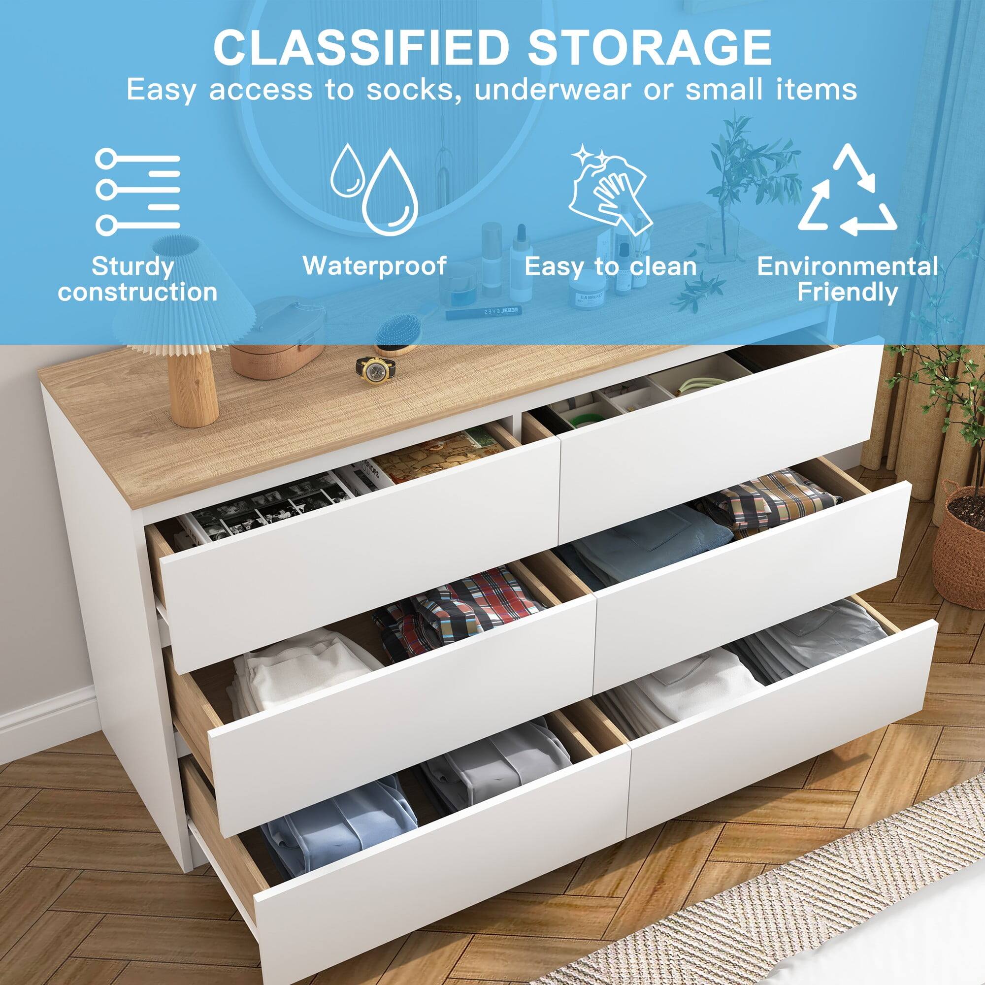 CLASSIFIED STORAGE  
Easy access to socks, underwear or small items  

- Sturdy construction  
- Waterproof  
- Easy to clean  
- Environmental Friendly