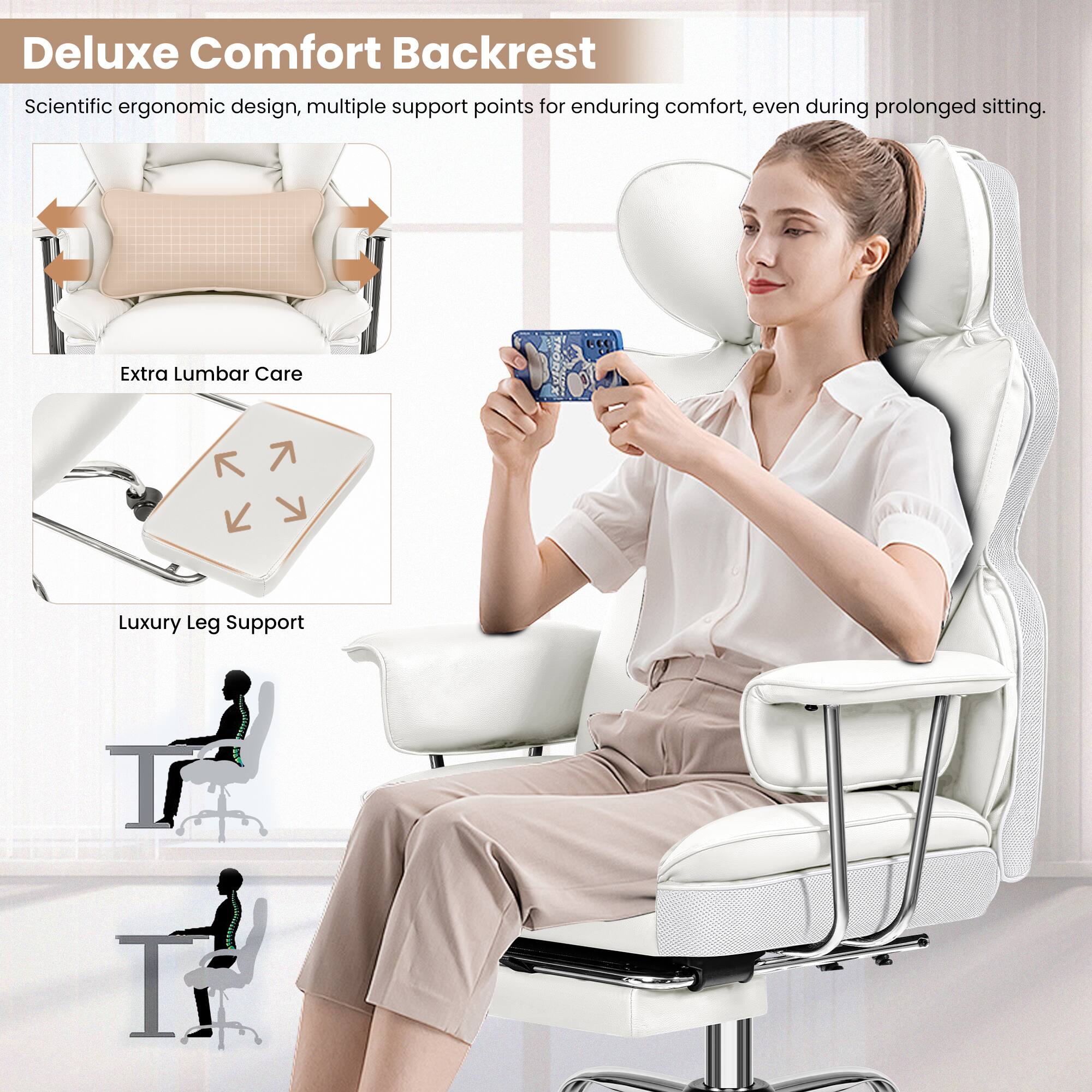 Deluxe Comfort Backrest: Scientific ergonomic design, multiple support points for enduring comfort, even during prolonged sitting. Extra Lumbar Care: 6C0 Luxury Leg Support.
