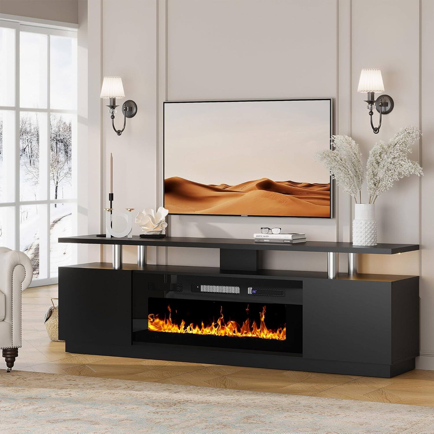 Front. Acekool - Fireplace TV Stand for 80 Inch TV, 70” Entertainment Center with 36” Electric Fireplace, 12 Flame Colors - Black.