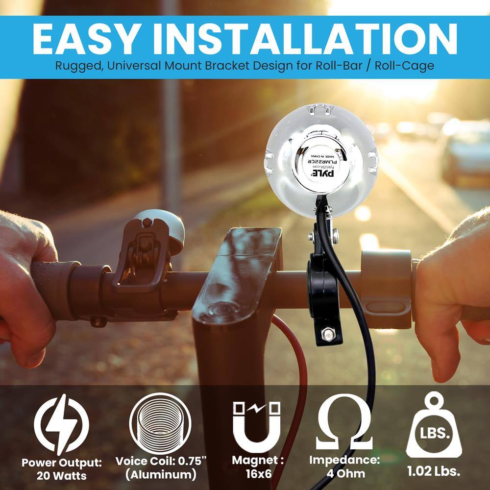 EASY INSTALLATION  
Rugged, Universal Mount Bracket Design for Roll-Bar / Roll-Cage  

- Power Output: 20 Watts  
- Voice Coil: 0.75" (Aluminum)  
- Magnet: 16x6  
- Impedance: 4 Ohm  
- Weight: 1.02 Lbs.  

PLMMR2CE  
PYLE USA.com