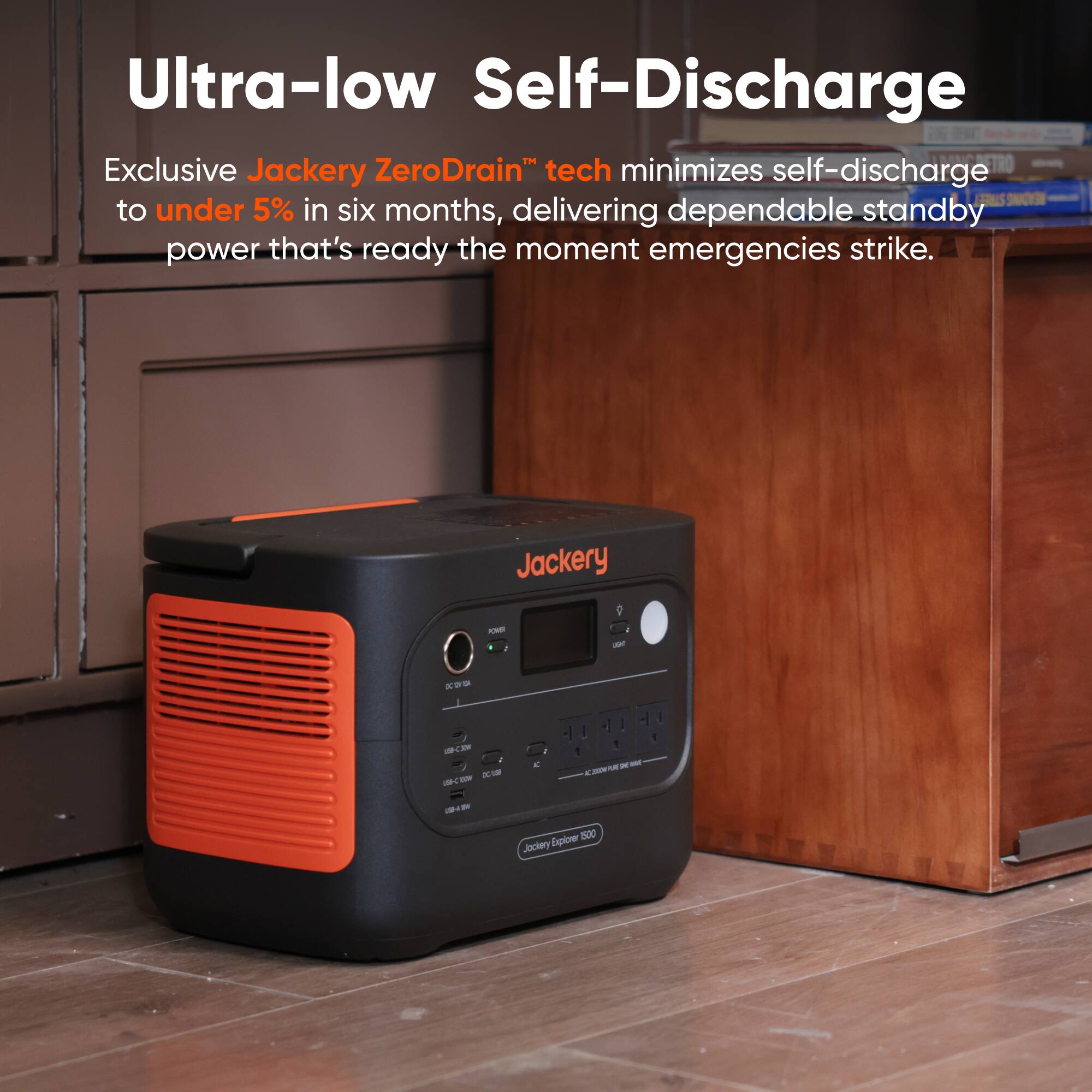 Ultra-low Self-Discharge  
Exclusive Jackery ZeroDrain™ tech minimizes self-discharge to under 5% in six months, delivering dependable standby power that's ready the moment emergencies strike.