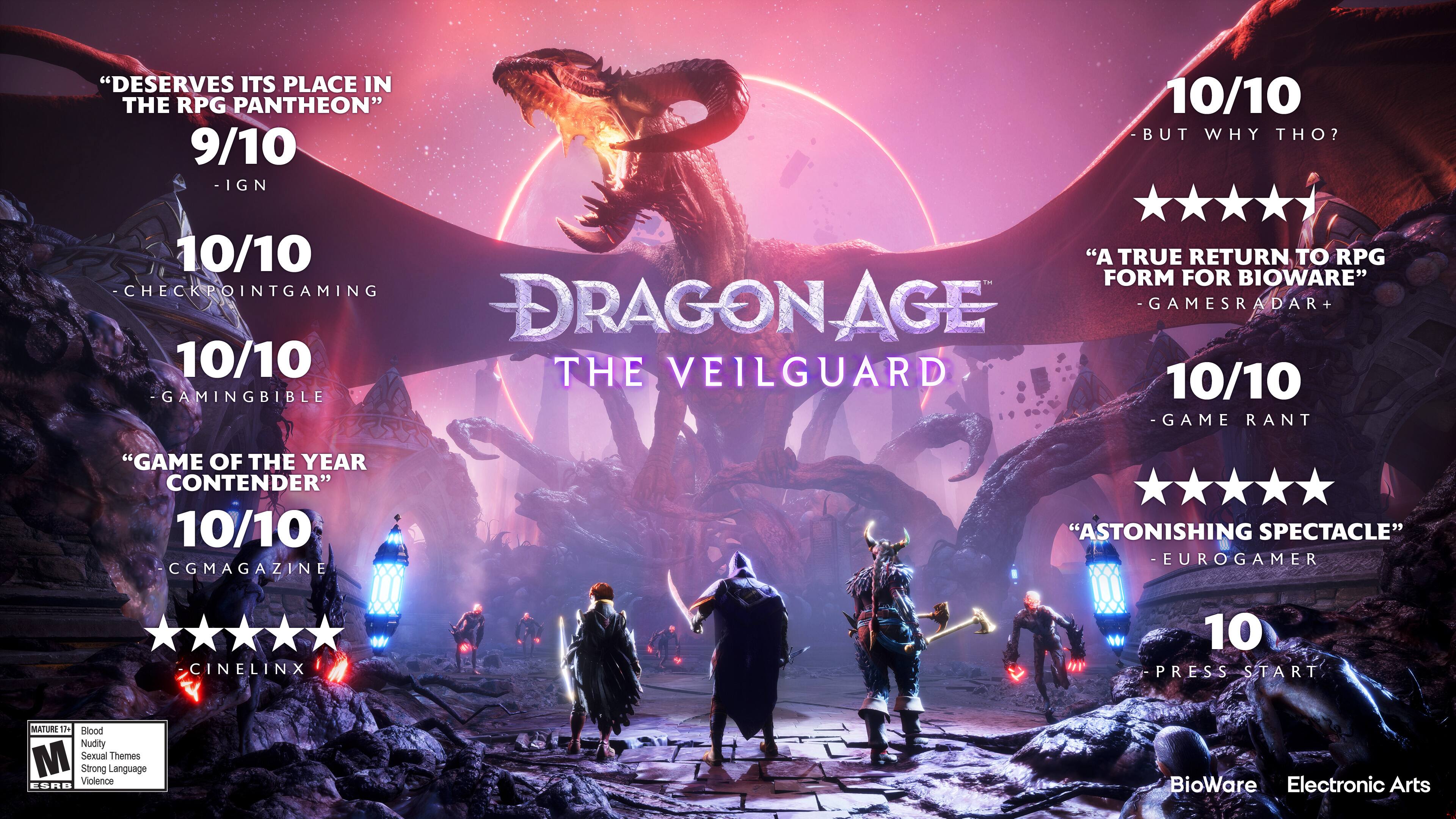 The image features a poster for Dragon Age: The Veilguard, showcasing a group of people standing in front of a dragon. The poster has received numerous positive reviews, with a total of 10 out of 10 stars from various sources. These sources include IGN, Checkpoint Gaming, Game Rant, Game Bible, and Eurogamer. The poster also includes a mature rating due to the presence of blood, nudity, sexual themes, strong language, and violence. The game is developed by BioWare and published by Electronic Arts.