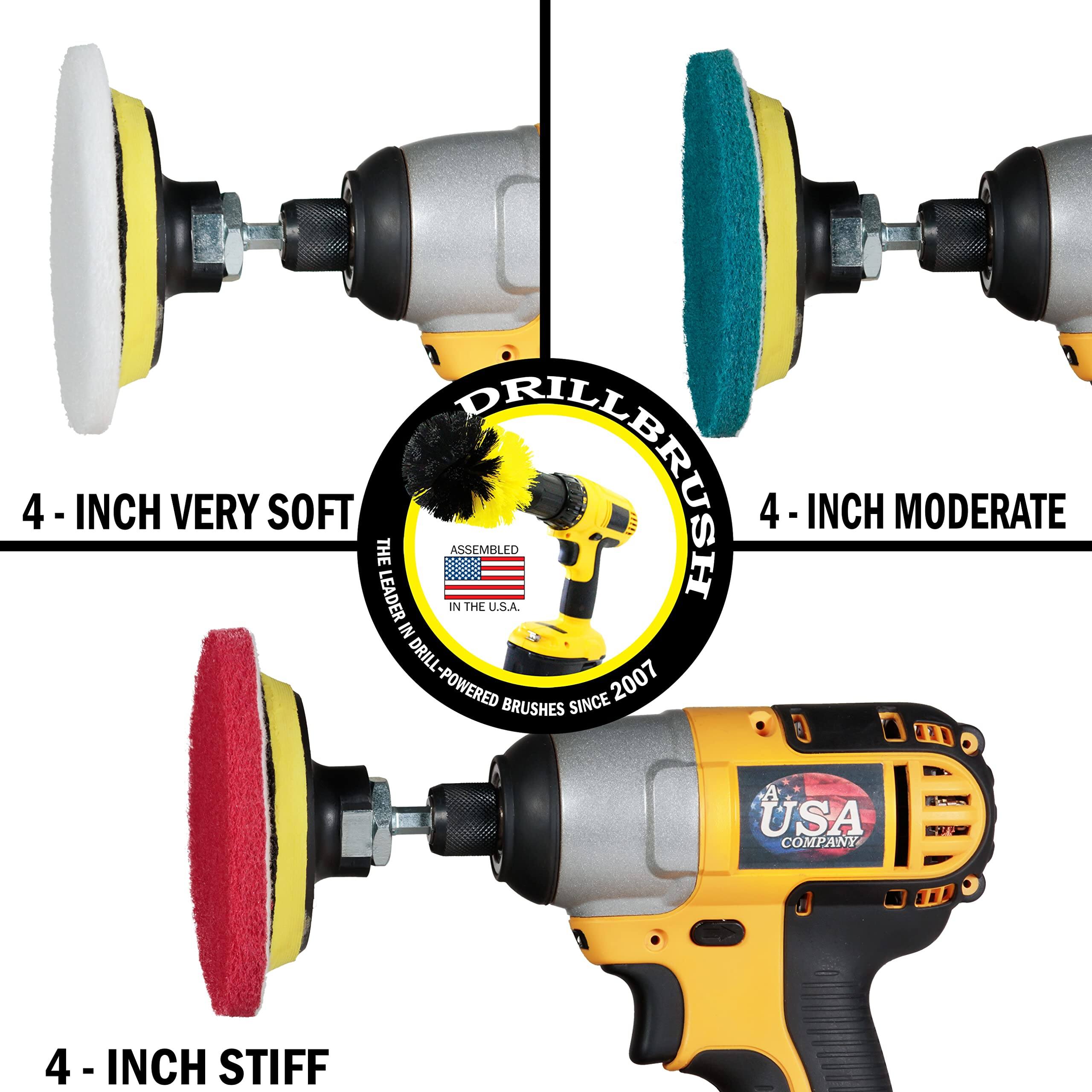 4 - INCH VERY SOFT, 4 - INCH MODERATE, 4 - INCH STIFF, THE LEADER IN THE U.S.A., DRILL-POWERED BRUSHES SINCE 2007, A USA COMPANY