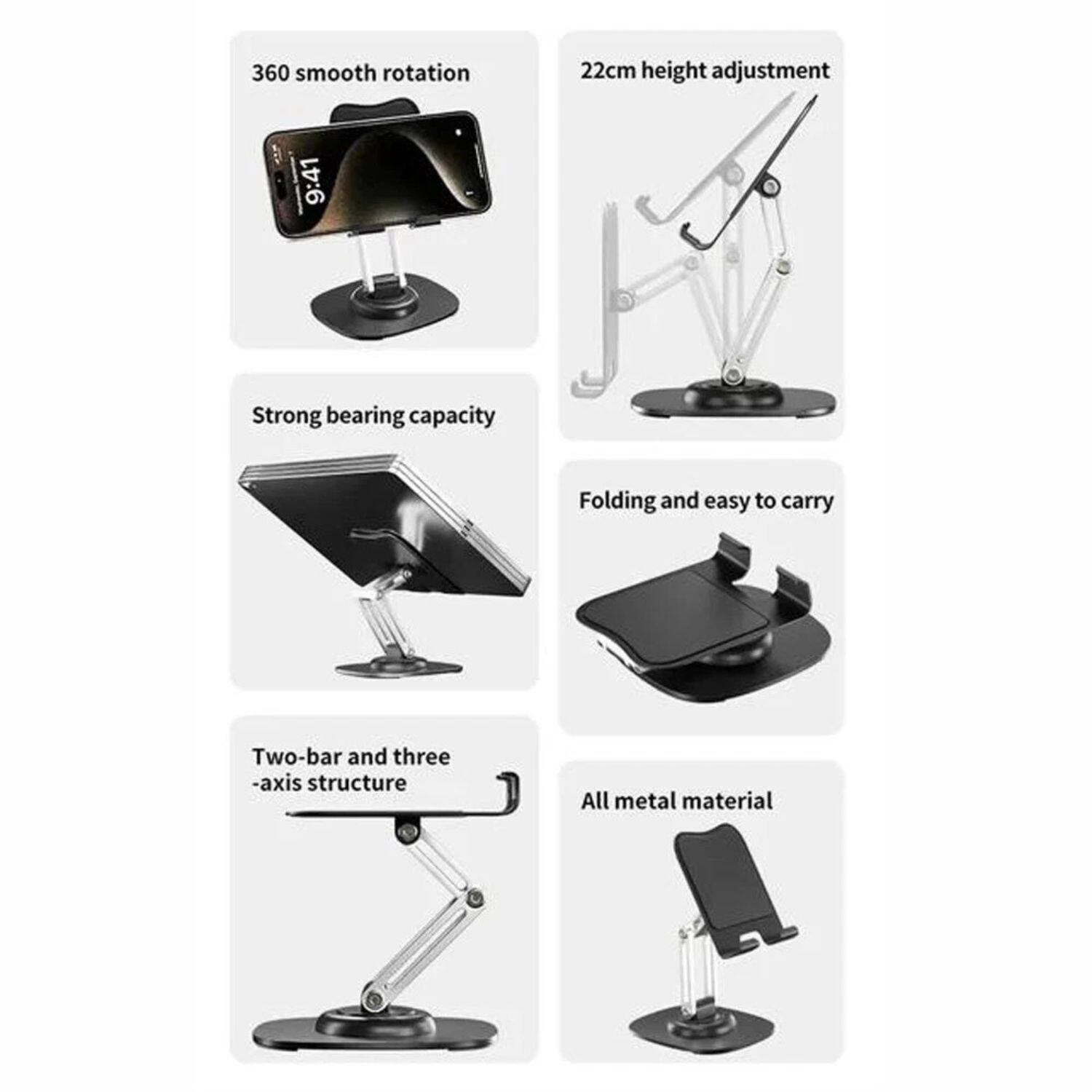 - 360 smooth rotation
- 22cm height adjustment
- Strong bearing capacity
- Folding and easy to carry
- Two-bar and three-axis structure
- All metal material