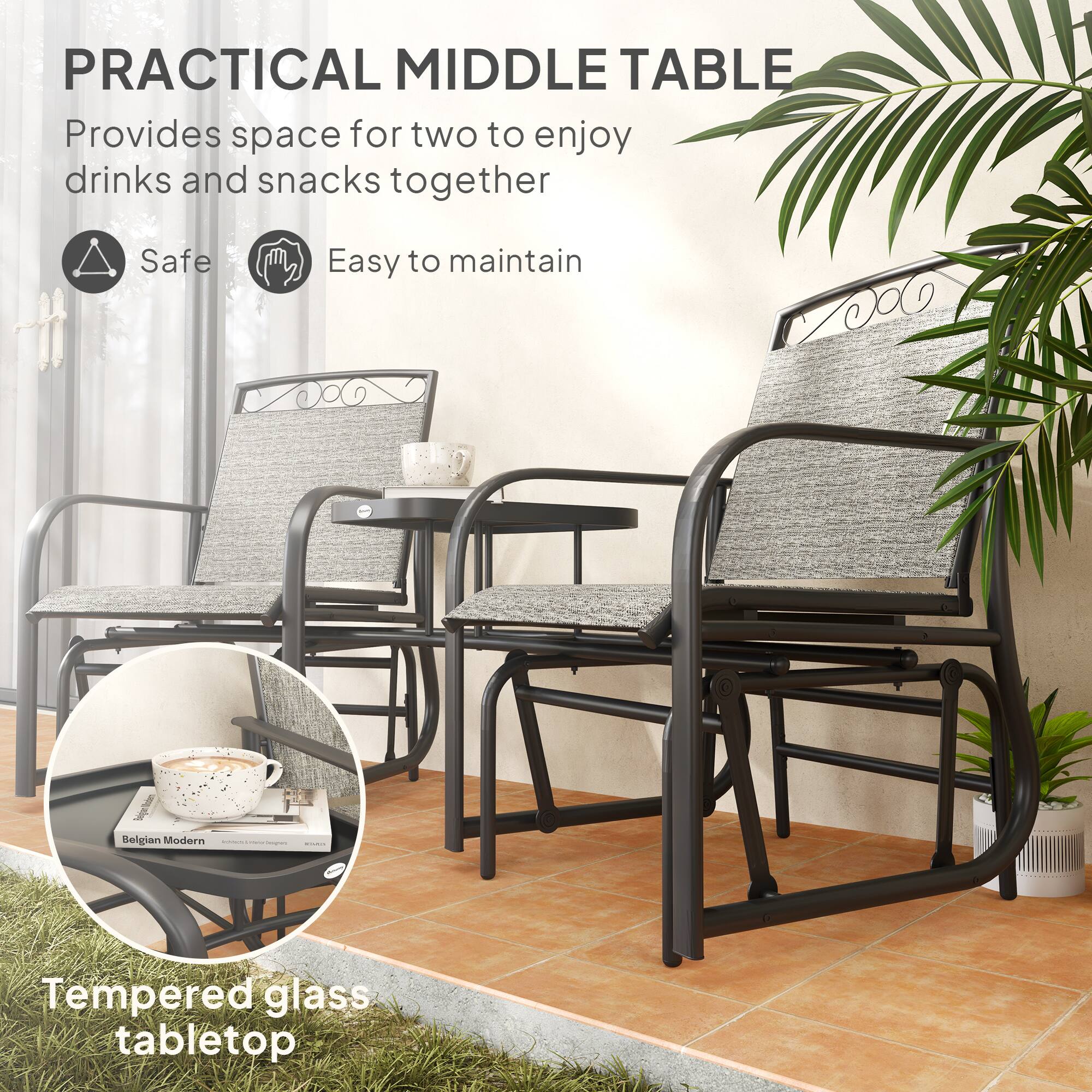 PRACTICAL MIDDLE TABLE
Provides space for two to enjoy drinks and snacks together
Safe
Easy to maintain
Selgian Modern
Tempered glass tabletop
