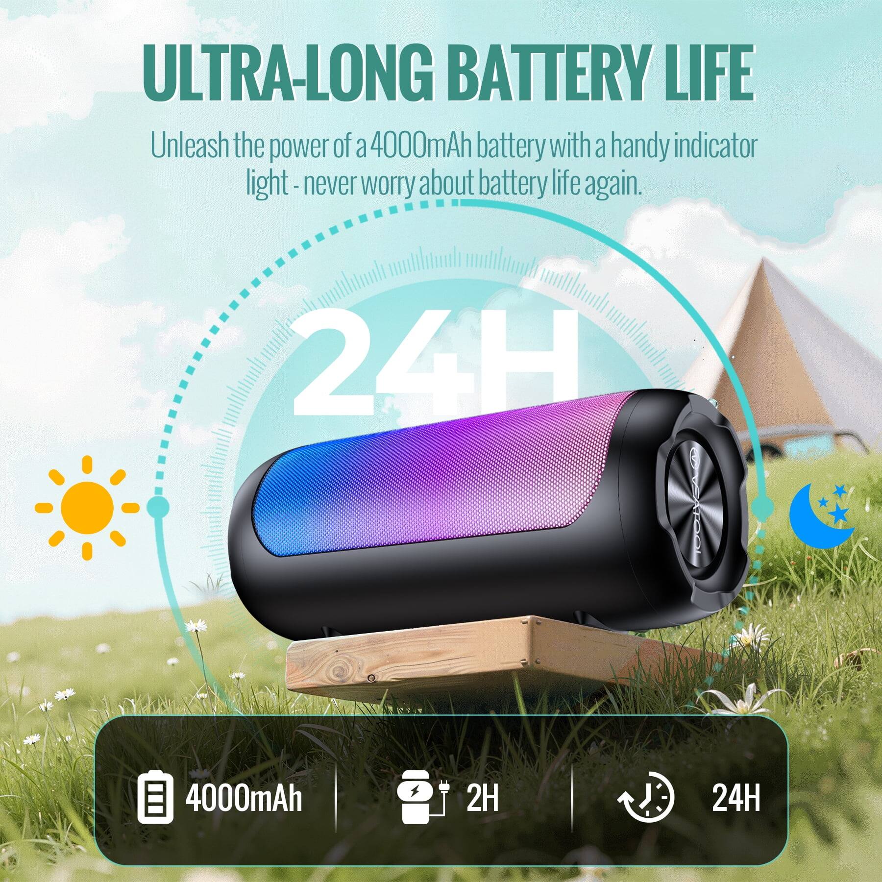 ULTRA-LONG BATTERY LIFE  
Unleash the power of a 4000mAh battery with a handy indicator light - never worry about battery life again.  
24H  
4000mAh  
2H  
24H