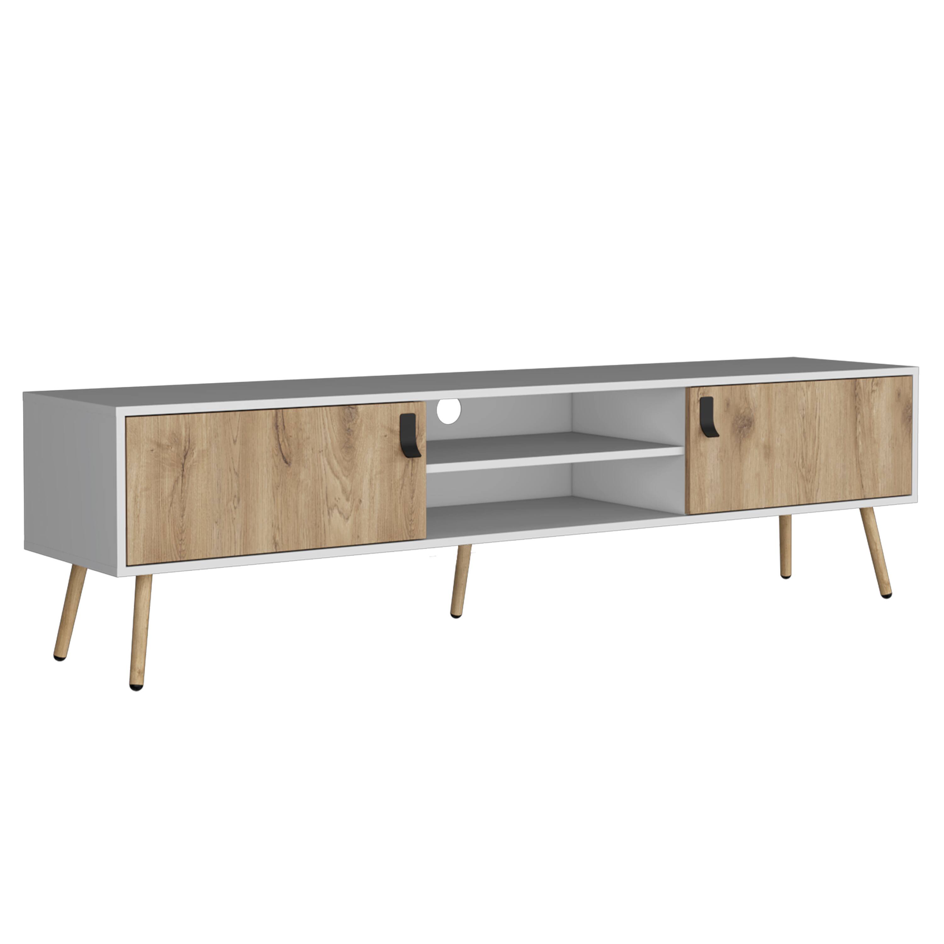 Back. Spaco - Spaco Modern TV Stand for 55 60 65 70 Inch TVs, 2 Door Cabinet with 4 Shelves, 5 Sturdy Legs, for Living Room - White+Walnut.