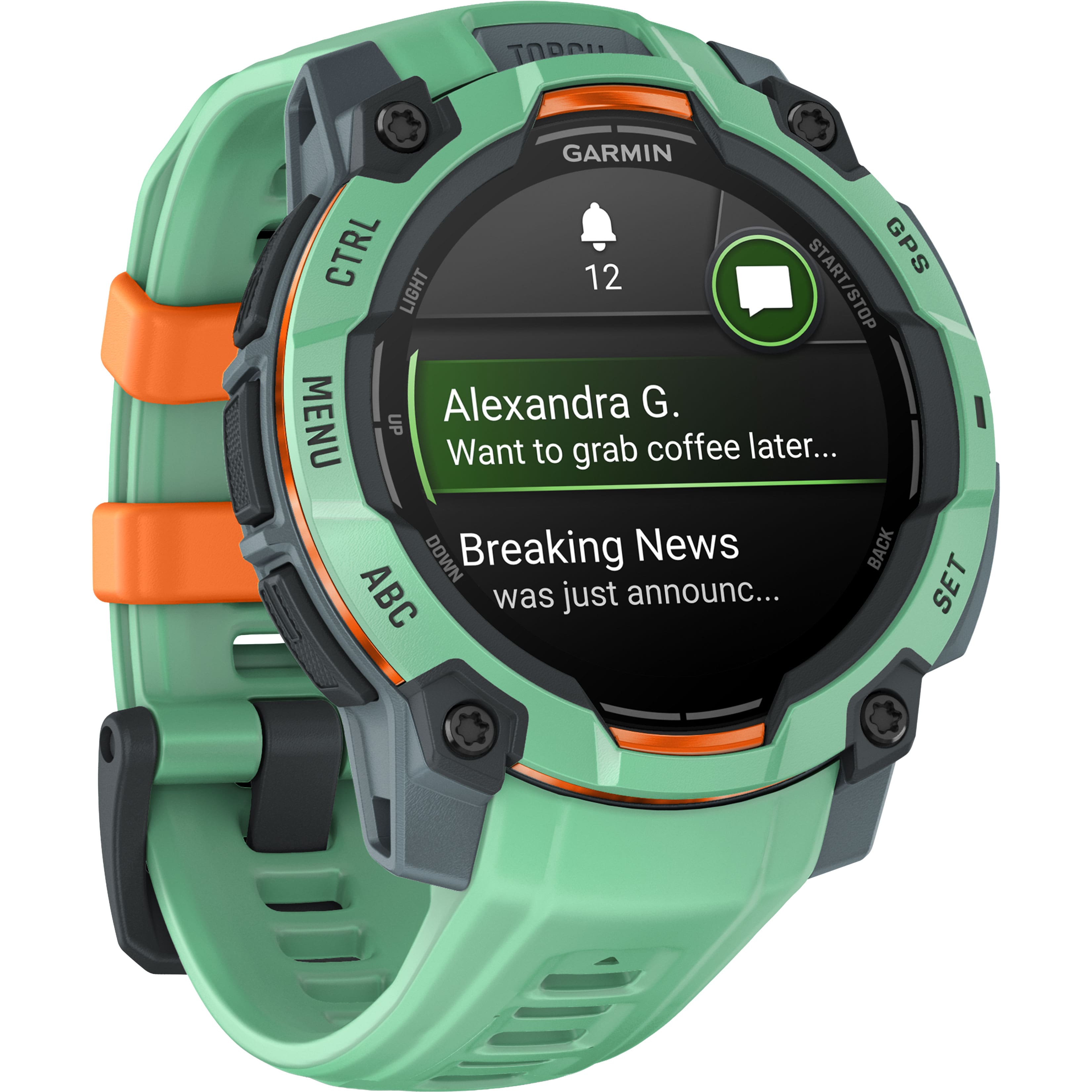 TODAY GARMIN CTRL START GPS 12 START/STOP LIGHT STOP Alexandra G. MENU UP Want to grab coffee later... DOWN Breaking News BACK ABC was just announced... SET