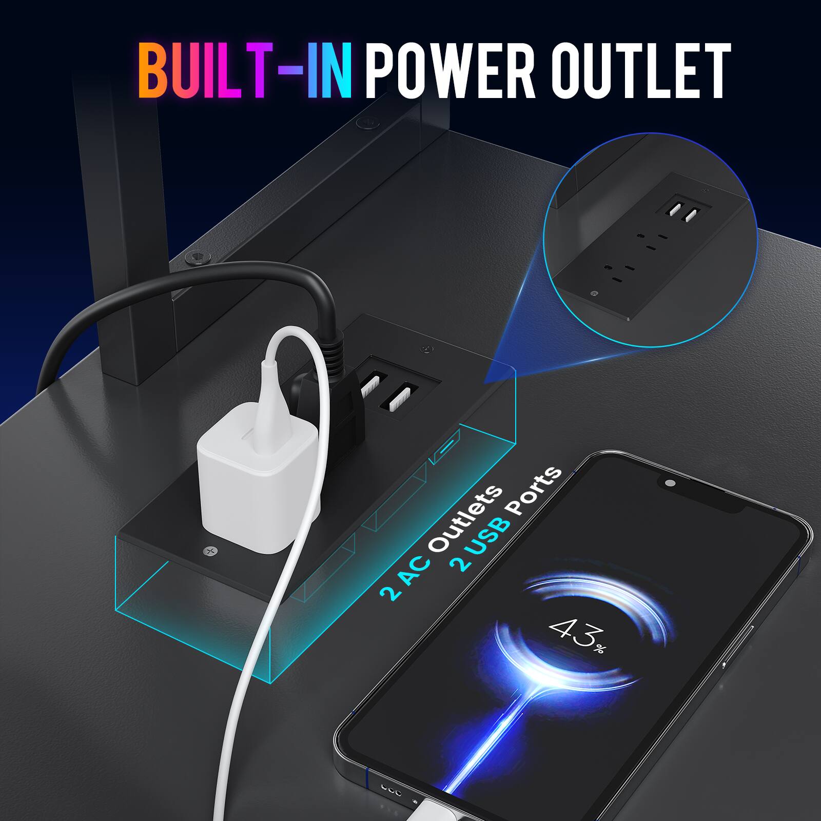 BUILT-IN POWER OUTLET

2 AC Outlets
2 USB Ports
43%