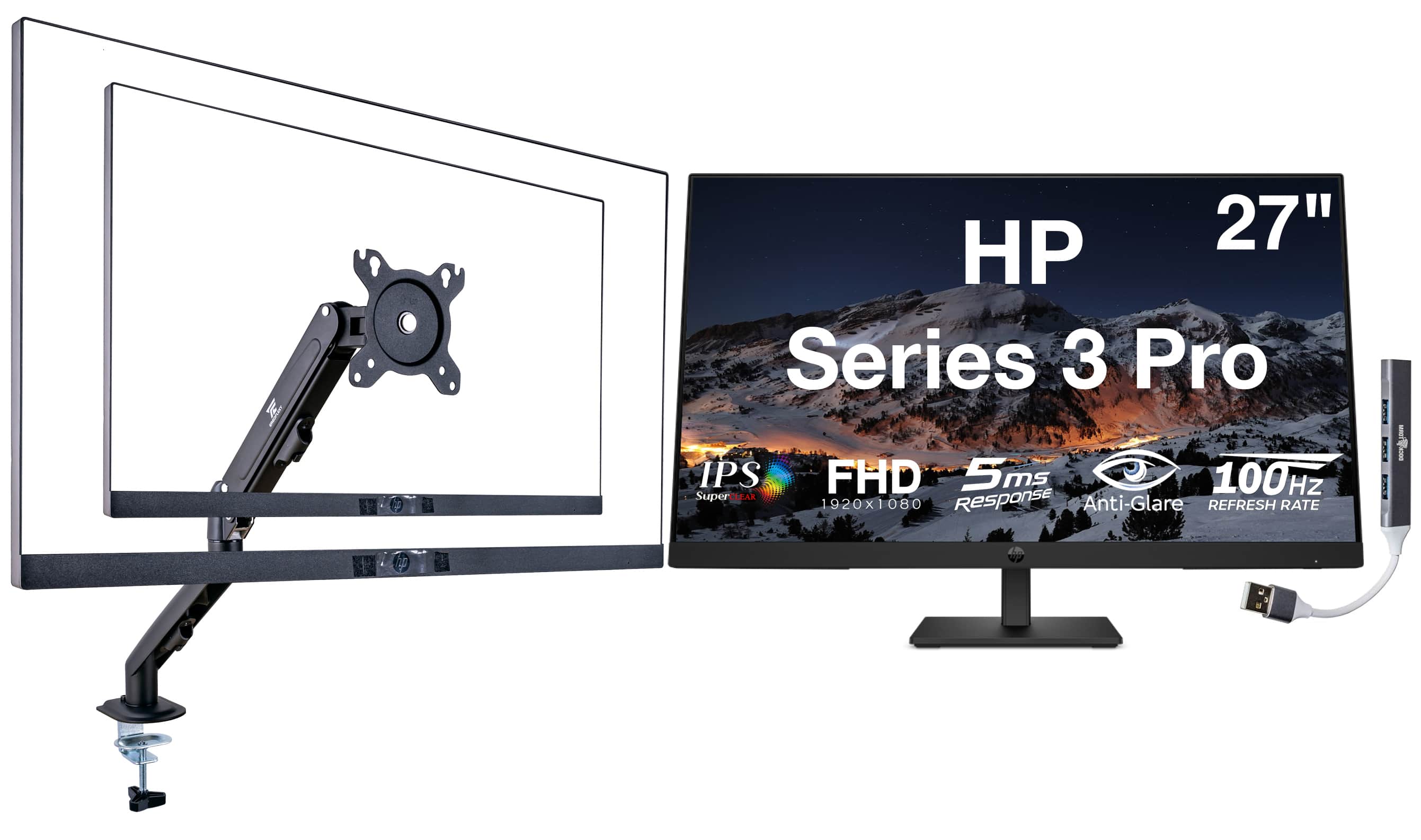 HP - Series 3 Pro 27" FHD IPS Monitor with 5ms Response Time, Anti-Glare, HDMI, w/DKZ Hub & Ergoflexy Single Mount Arm - Black