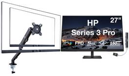HP - Series 3 Pro 27" FHD IPS Monitor with 5ms Response Time, Anti-Glare, HDMI, w/DKZ Hub & Ergoflexy Single Mount Arm - Black