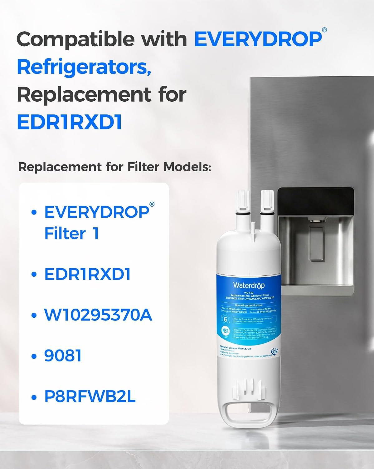 Compatible with EVERYDROP Refrigerators, Replacement for EDR1RXD1

Replacement for Filter Models:
- EVERYDROP Filter 1
- EDR1RXD1
- W10295370A
- 9081
- P8RFWB2L