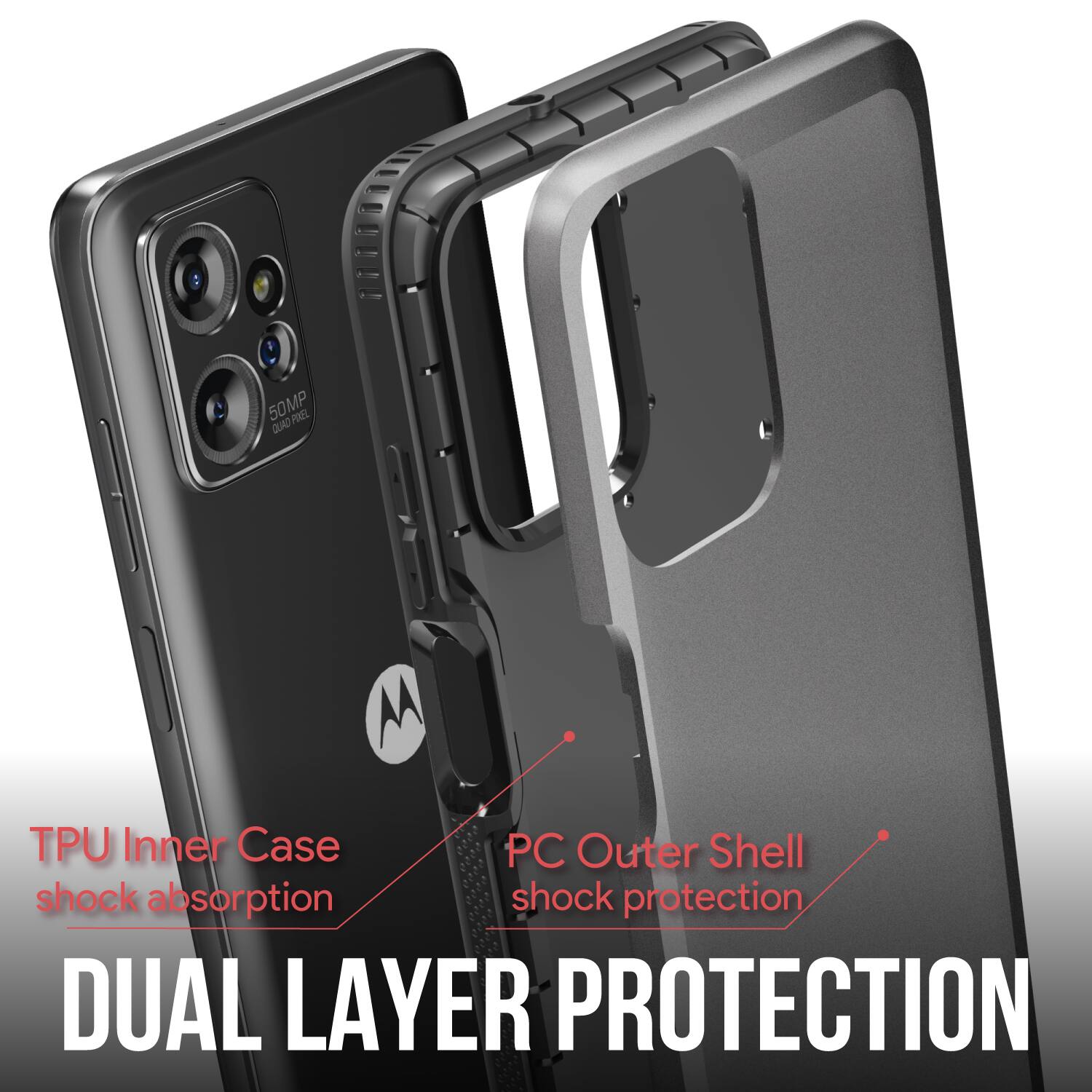 TPU Inner Case shock absorption, PC Outer Shell shock protection, DUAL LAYER PROTECTION