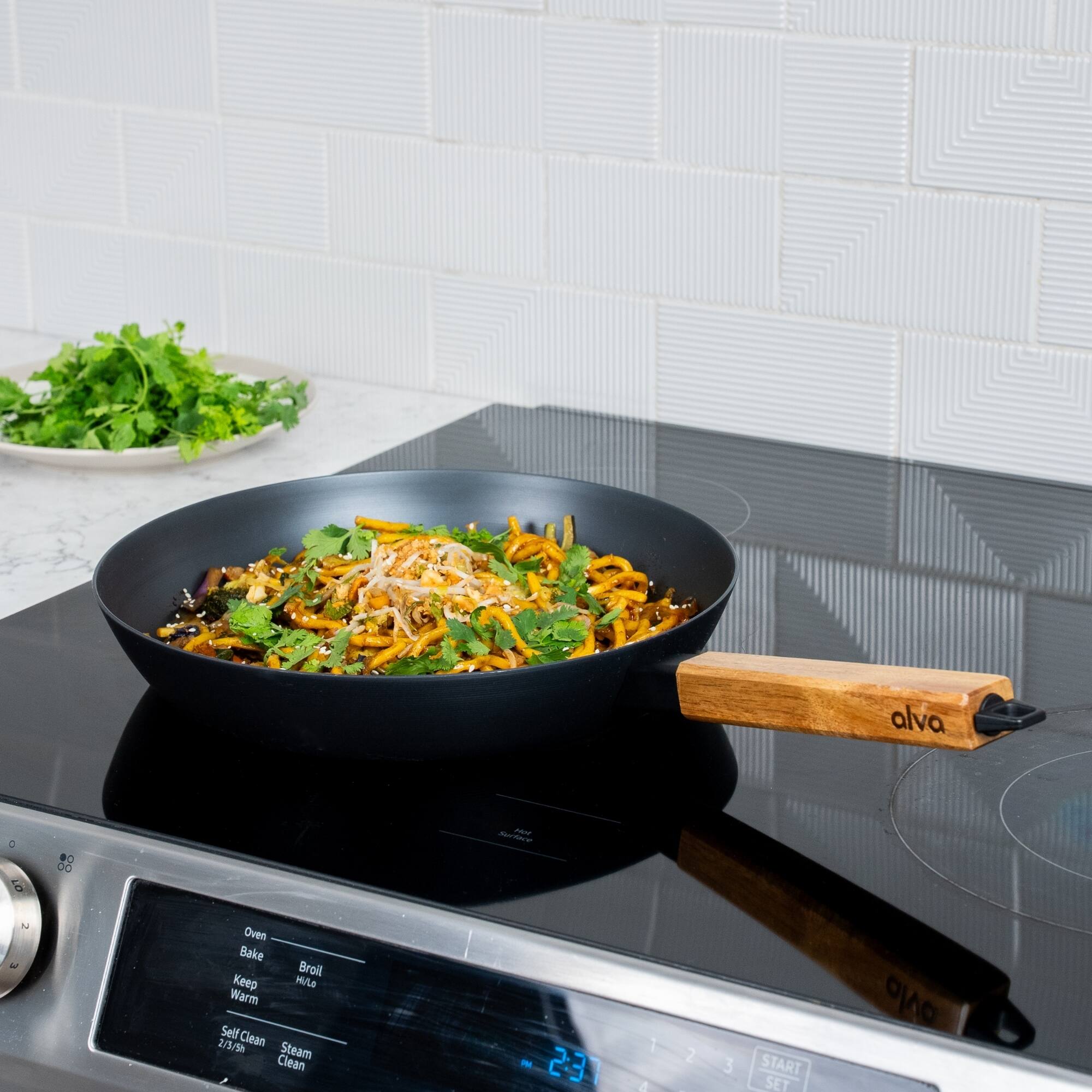 Alva Forest Carbon Steel Frying Pan 2 Piece Set Acacia Wood Handle Alva Forest Carbon Steel Frying Pan 2 Piece Set Acacia Wood Handle