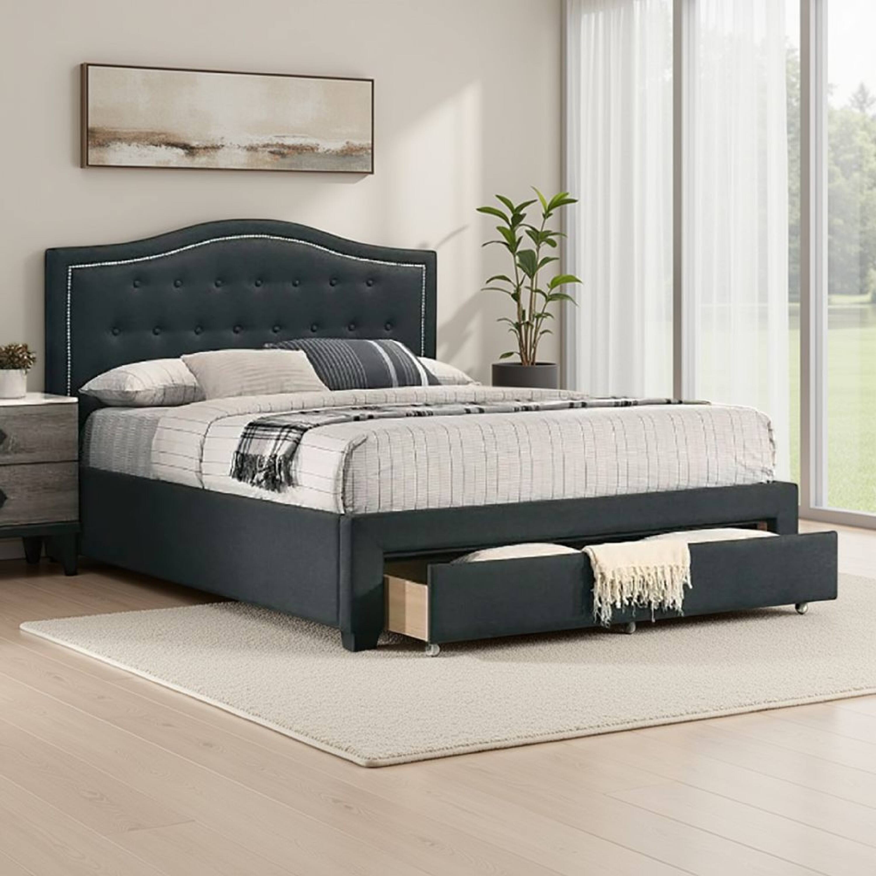 Alt View 5. Manhattan Lane - Sey Full Size Bed w Storage Drawers, Dark Gray Upholstered Headboard - Gray.