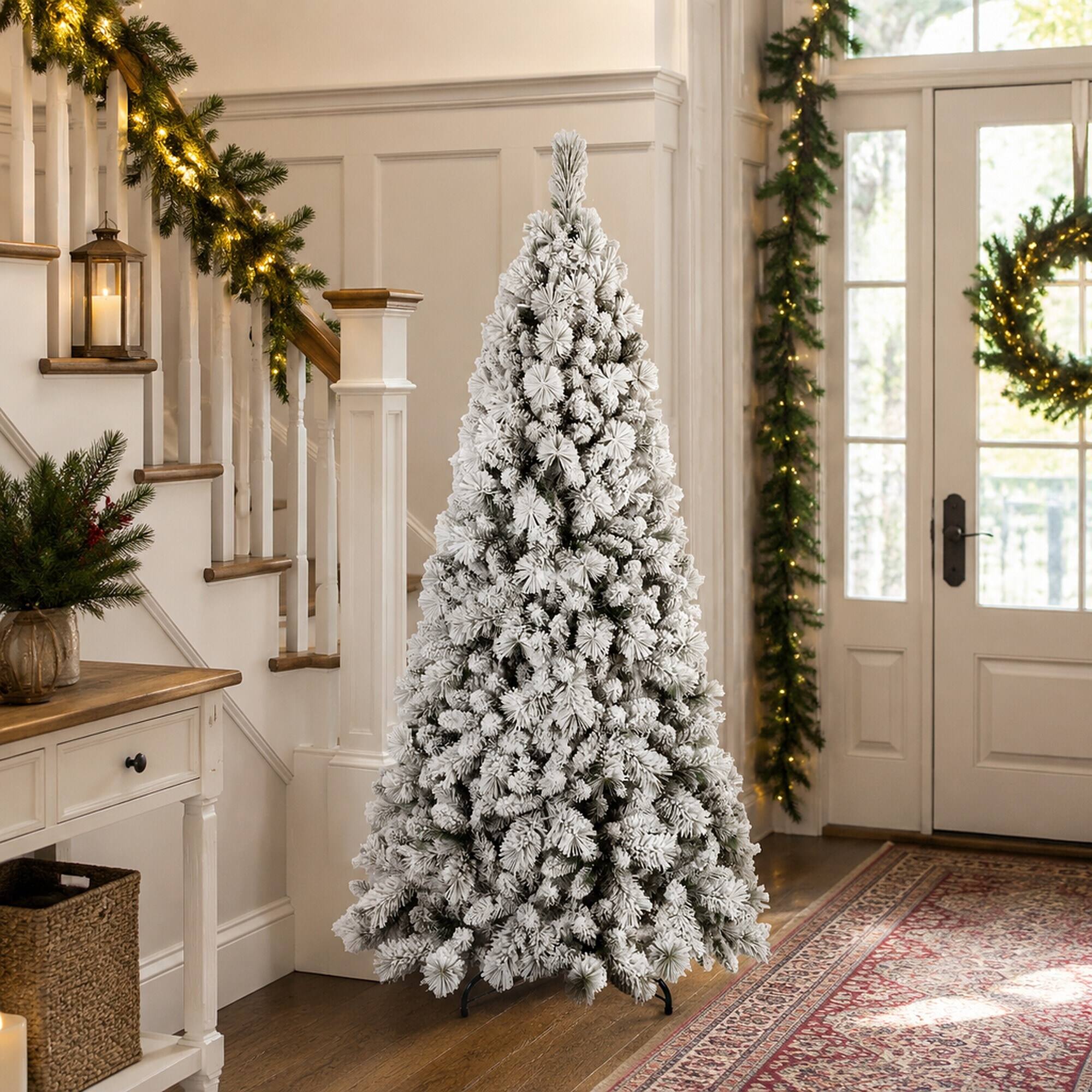 Alt View 1. RYHNUYNE - 4FT Flocked Christmas Tree, 350 Snowy PVC Hard Needle Branches Hinged Design Easy Setup Stable Metal Stand - Green,White.