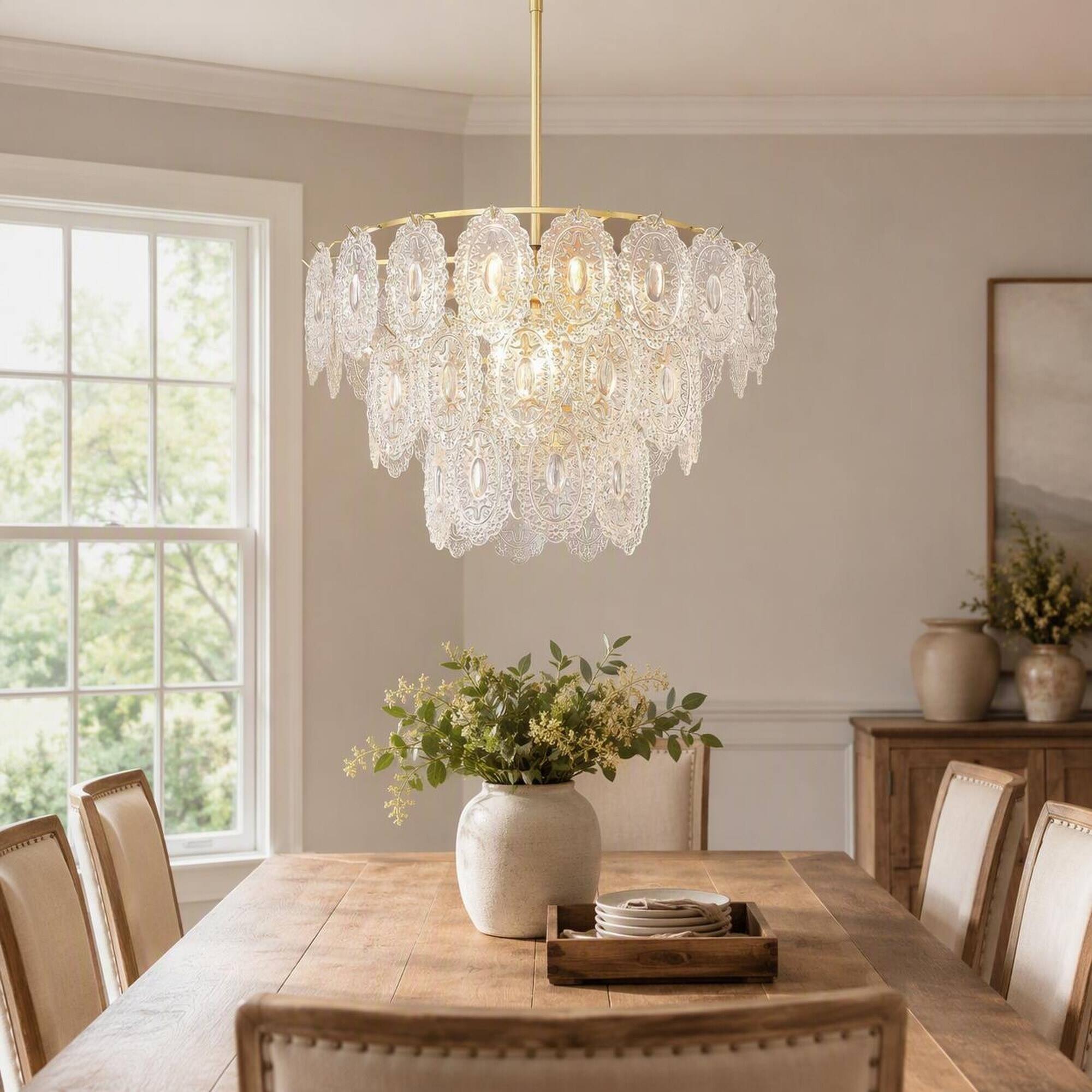 Back. RYHNUYNE - 9-Light Modern Farmhouse Chandelier for Dining Room and Kitchen Island, Rectangular Metal Frame with Seeded Glass Shades.