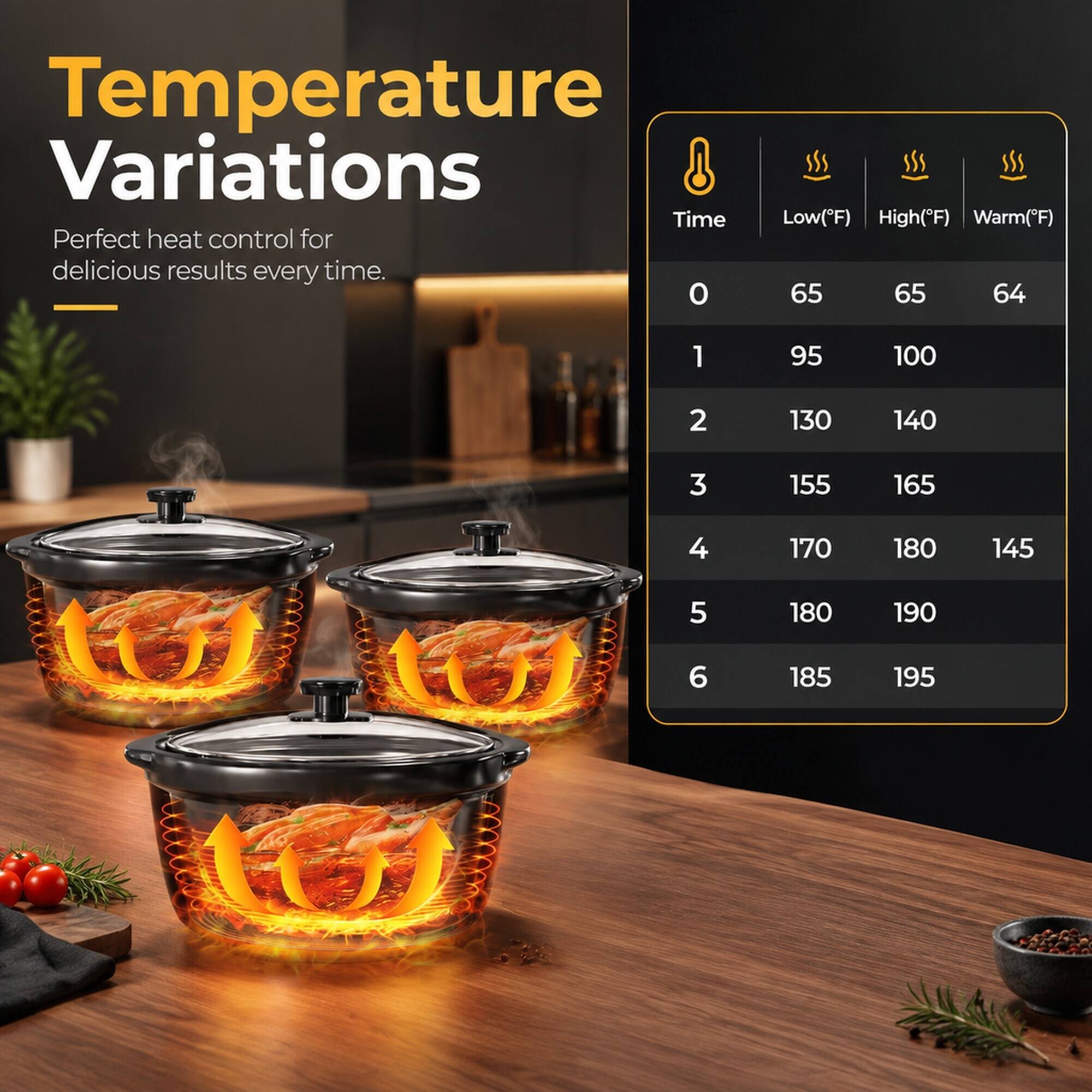 Temperature Variations  
Perfect heat control for delicious results every time.

| Time | Low(F) | High(F) | Warm(F) |
|------|--------|---------|---------|
| 0    | 65     | 65      | 64      |
| 1    | 95     | 100     |         |
| 2    | 130    | 140     |         |
| 3    | 155    | 165     |         |
| 4    | 170    | 180     | 145     |
| 5    | 180    | 190     |         |
| 6    | 185    | 195     |         |