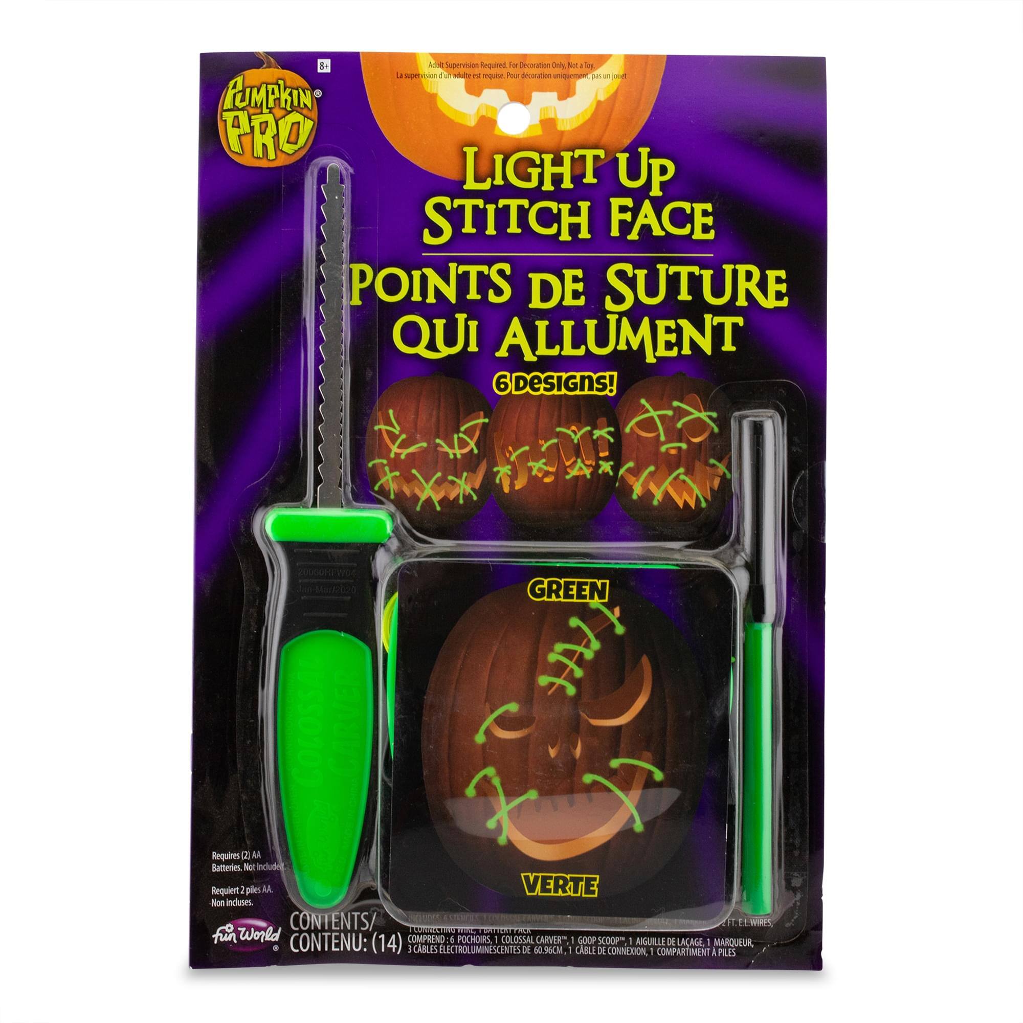 Pumpkin Pro  
Light Up Stitch Face  
Points de Suture Qui Allument  
6 Designs!  

Requires 2 AA Batteries. Not Included.  
Requiert 2 piles AA. Non inclus.  

Contents/ Contenu:  
(14) Pochoirs, 1 Goop Scoop, 1 Goop Carver, 1 Marqueur, 3 Câbles Électroluminescents de 60 cm, 1 Câble de Connexion, 1 Compartiment à Piles