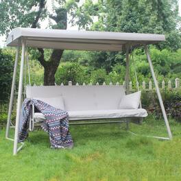 Tiramisubest - Outdoor Patio 3 seaters Metal Swing Chair Swing bed with Cushion and Adjustable Canopy - Champagne