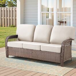Mondawe - 75.2" Outdoor Brown Wicker Patio Sofa with T Shape-Back Cushions - Beige+Brown