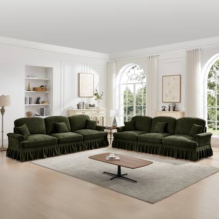 Front. Anysun - Classic 2-Piece Chenille Sofa Set (3+3 Seat Sofa) - Flared Arms, Ruffled Skirt & Spindle Legs - Green.