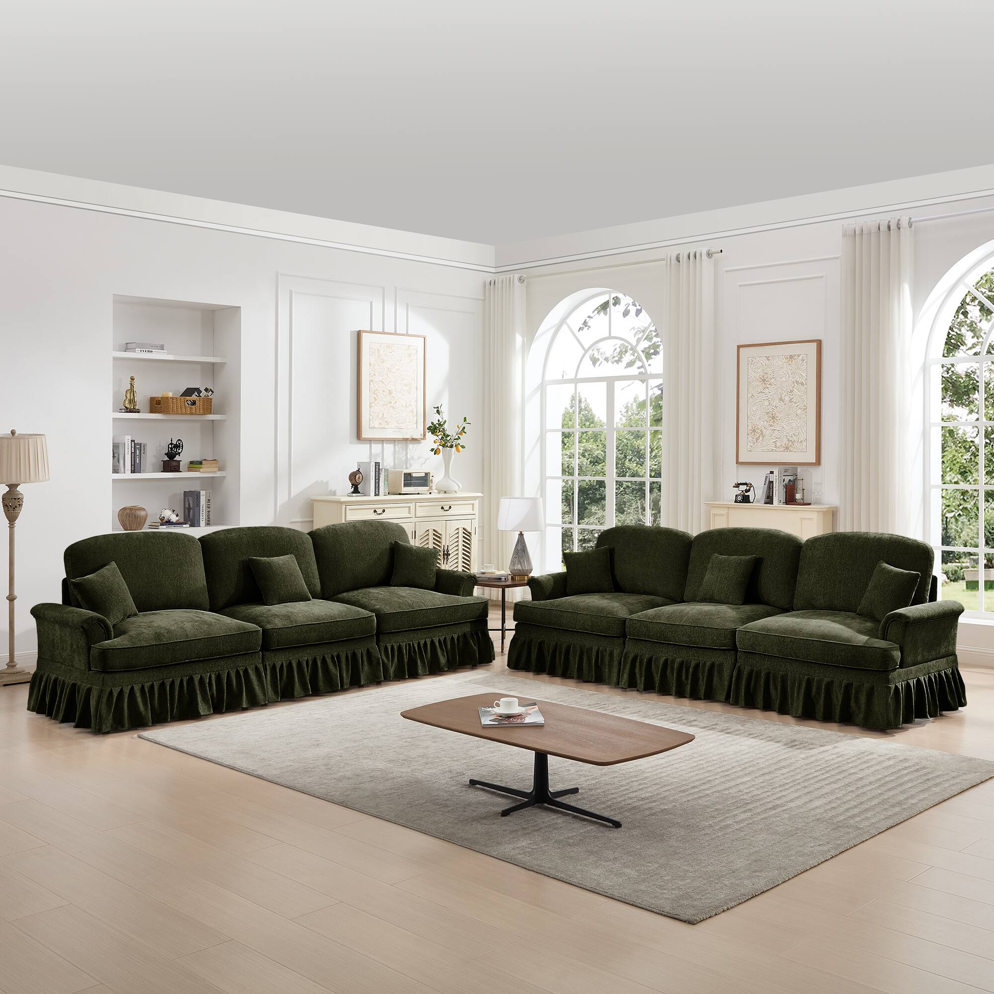 Anysun - Classic 2-Piece Chenille Sofa Set (3+3 Seat Sofa) - Flared Arms, Ruffled Skirt & Spindle Legs - Green