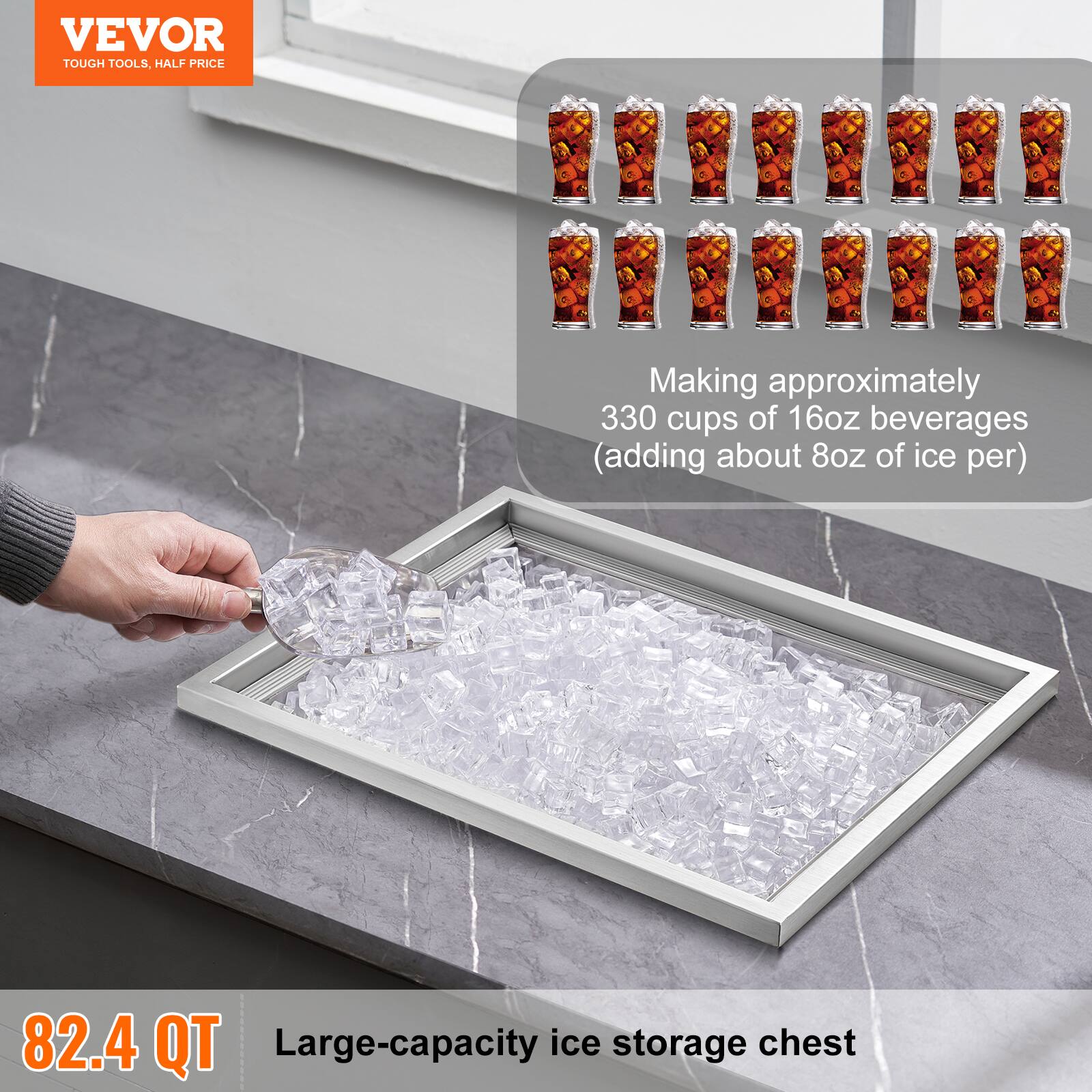 VEVOR  
TOUGH TOOLS, HALF PRICE  

Making approximately 330 cups of 16oz beverages (adding about 8oz of ice per)  

82.4 QT  
Large-capacity ice storage chest